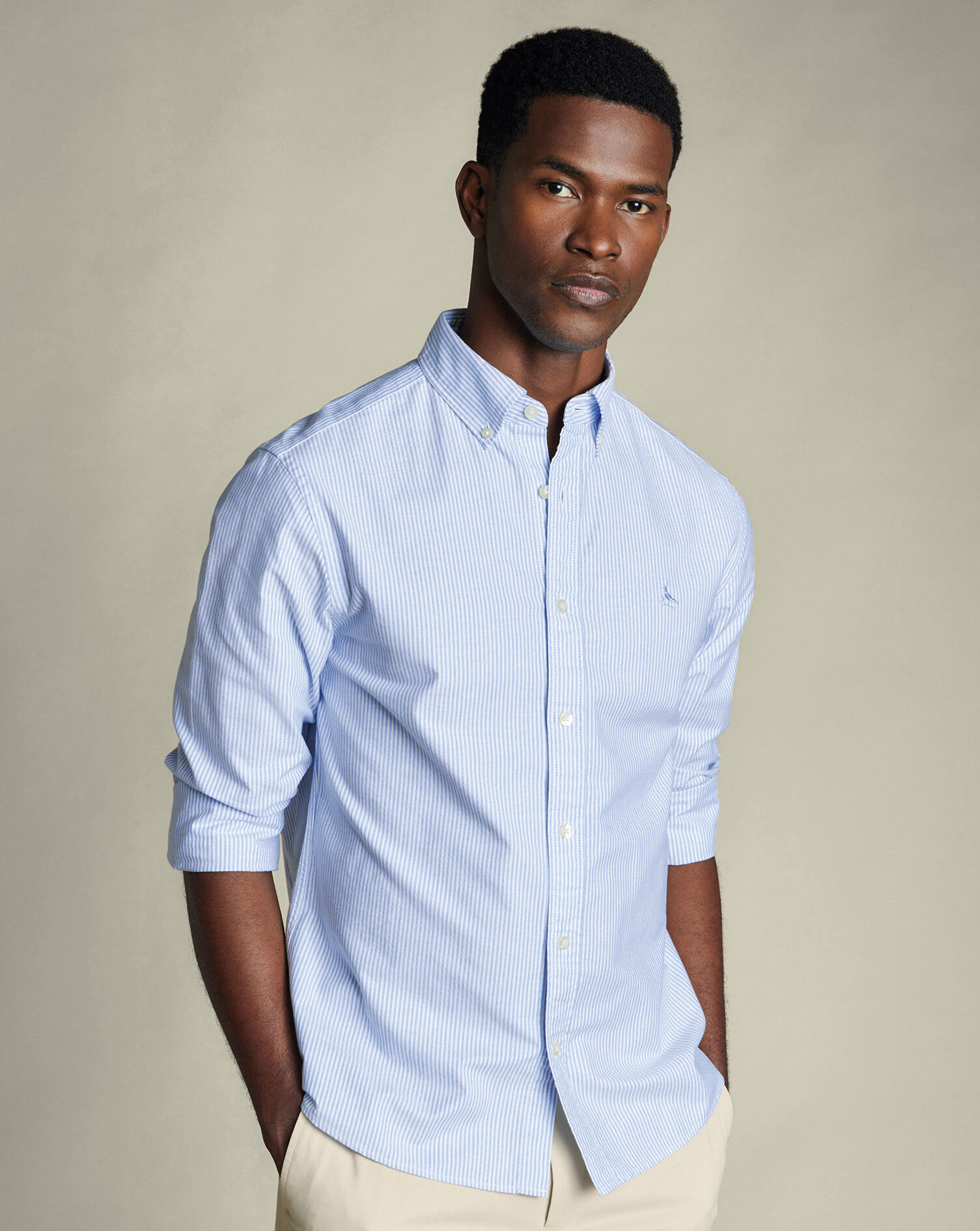 Stretch Washed Oxford Stripe Shirt - Ocean Blue