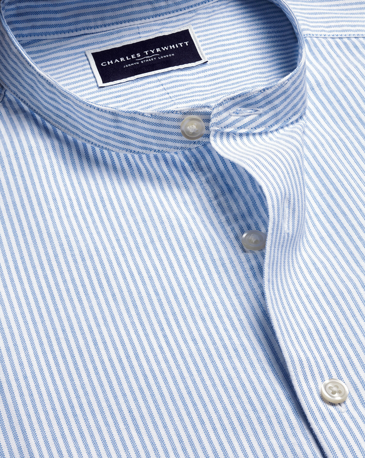 Collarless Stretch Washed Oxford Stripe Shirt - Ocean Blue