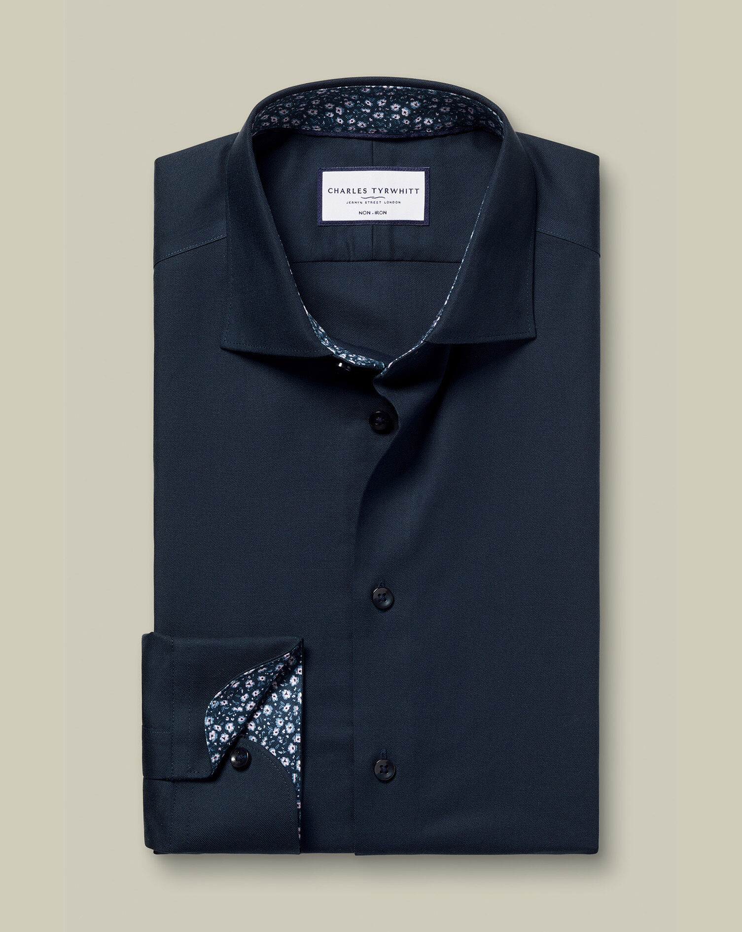 Non-Iron Stretch Printed Trim Shirt - Navy