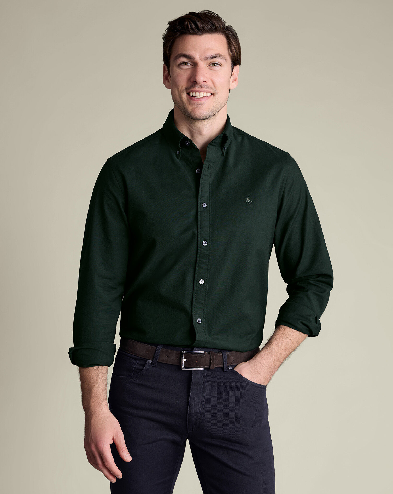 Stretch Washed Oxford Shirt - Forest Green