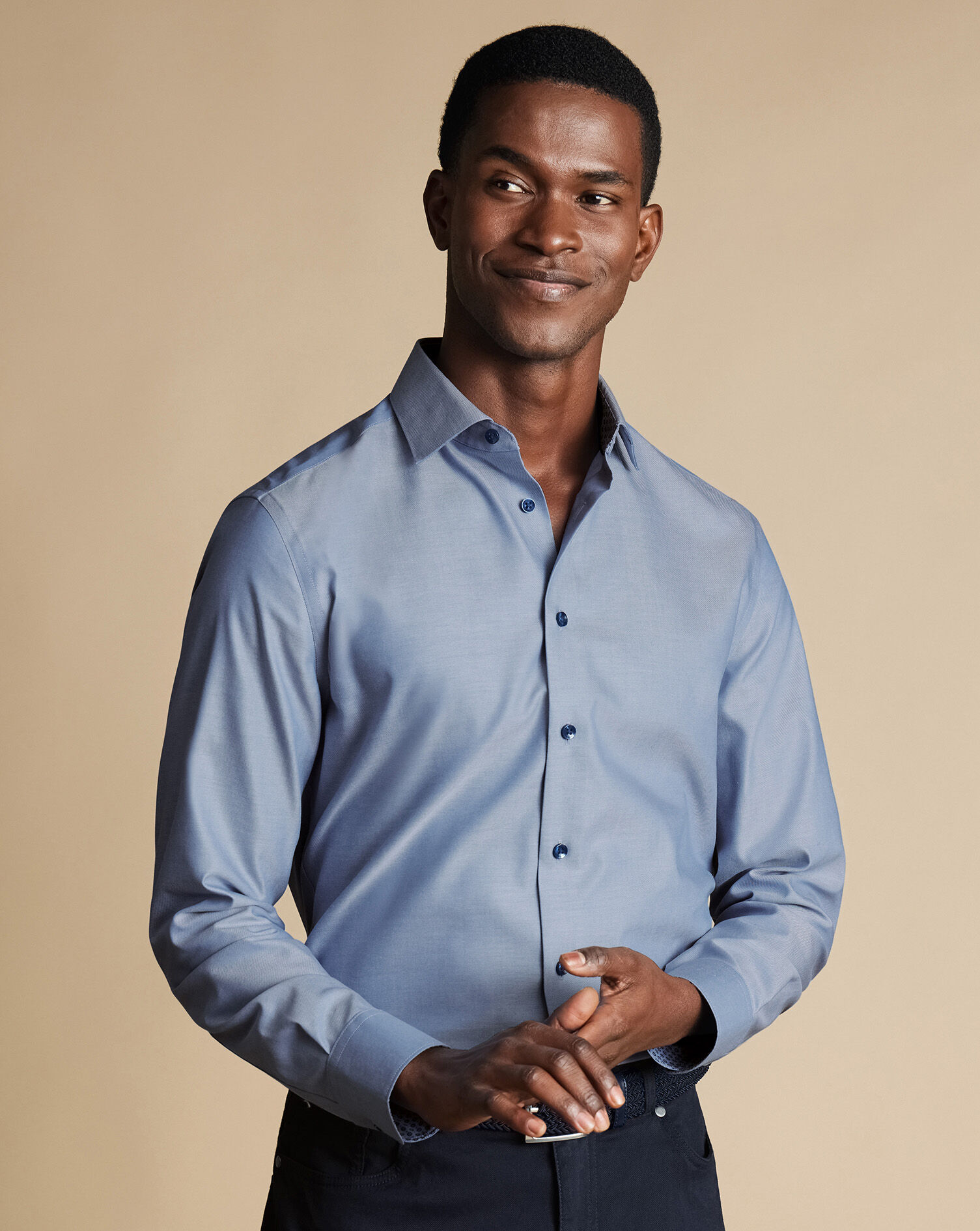 Semi-Spread Collar Twill Shirt with Printed Trim - Steel Blue