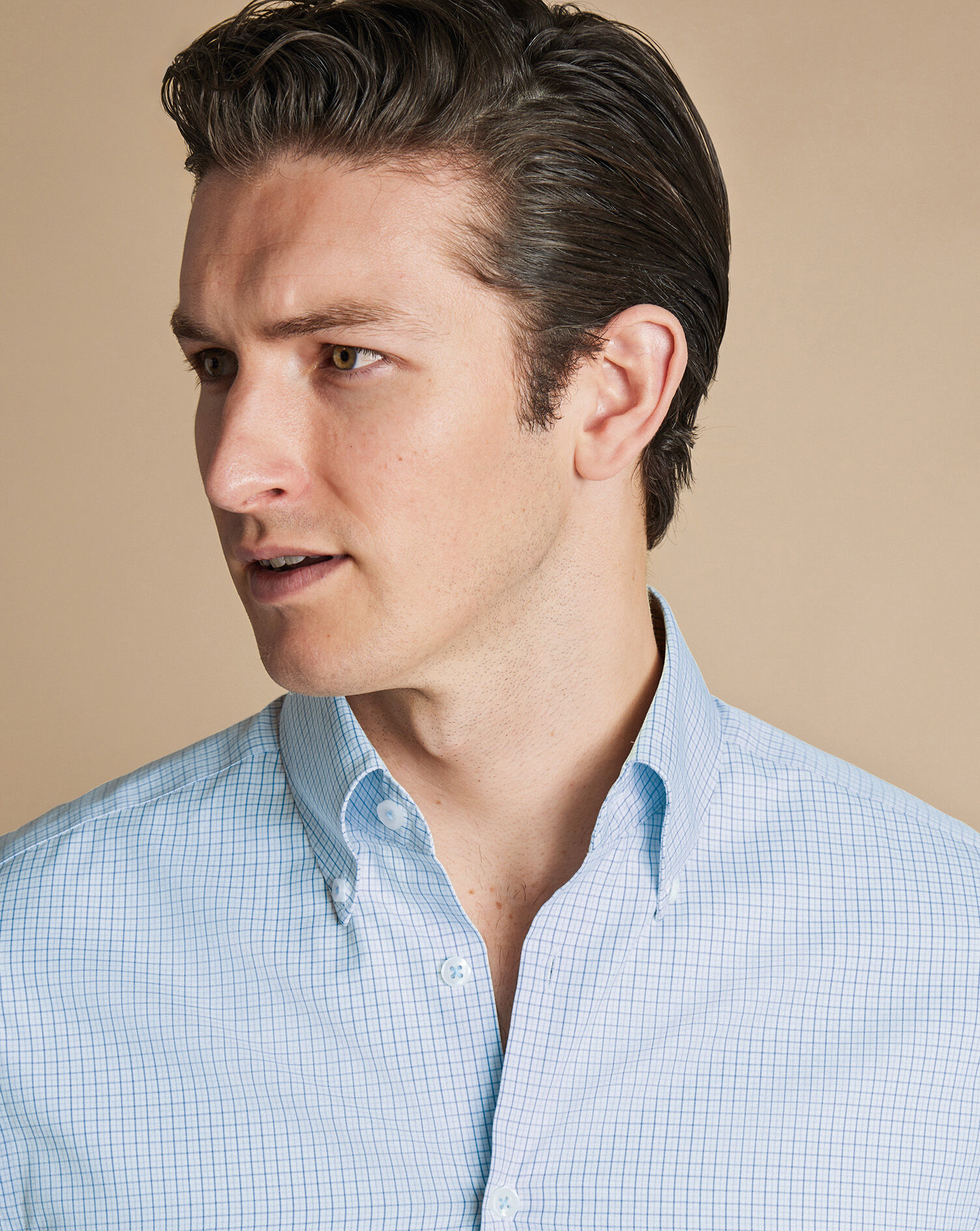 Button-Down Collar Non-Iron Grid Check Oxford Shirt - Light Blue