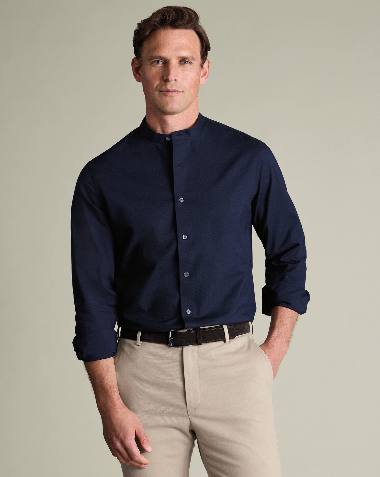 Collarless Stretch Washed Oxford Shirt - Ink Blue