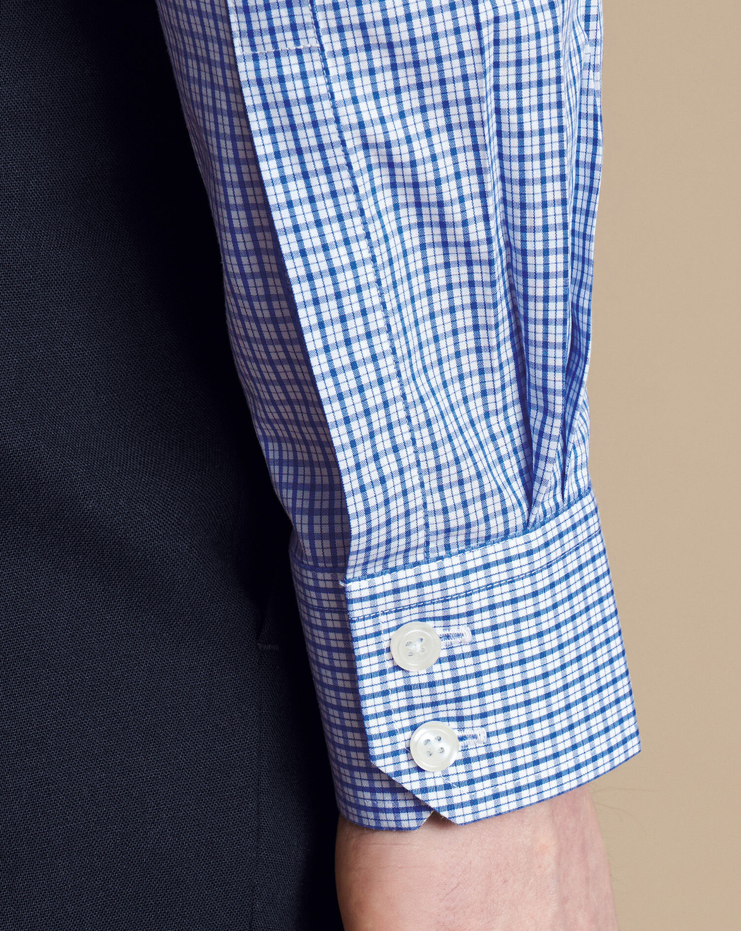 Spread Collar Non-Iron Poplin Grid Check Shirt - Cobalt Blue