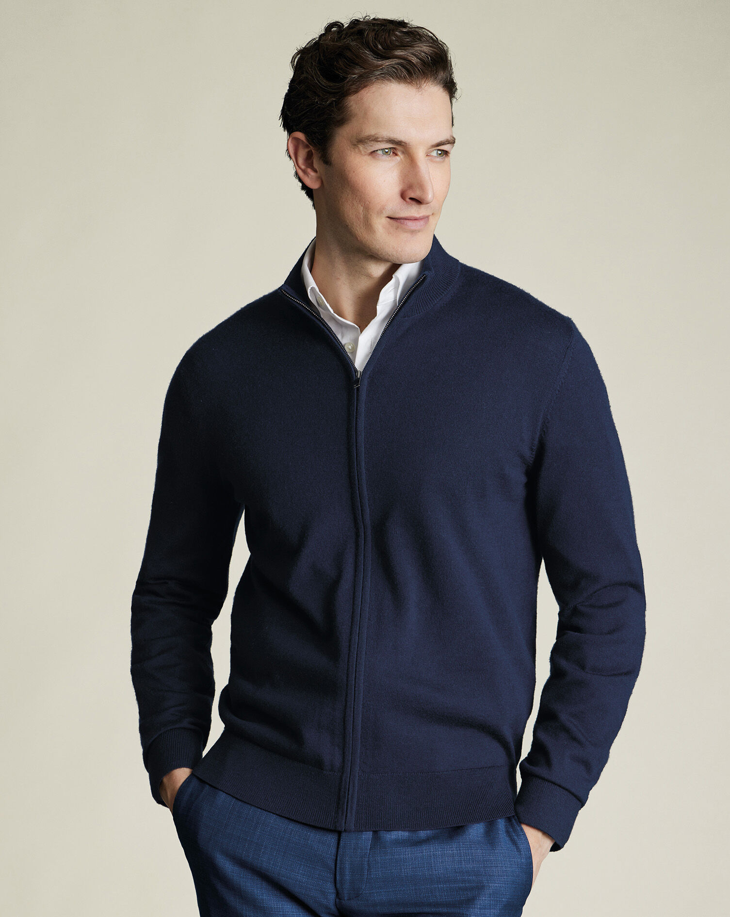 Pure Merino Full Zip-Through Cardigan - Navy