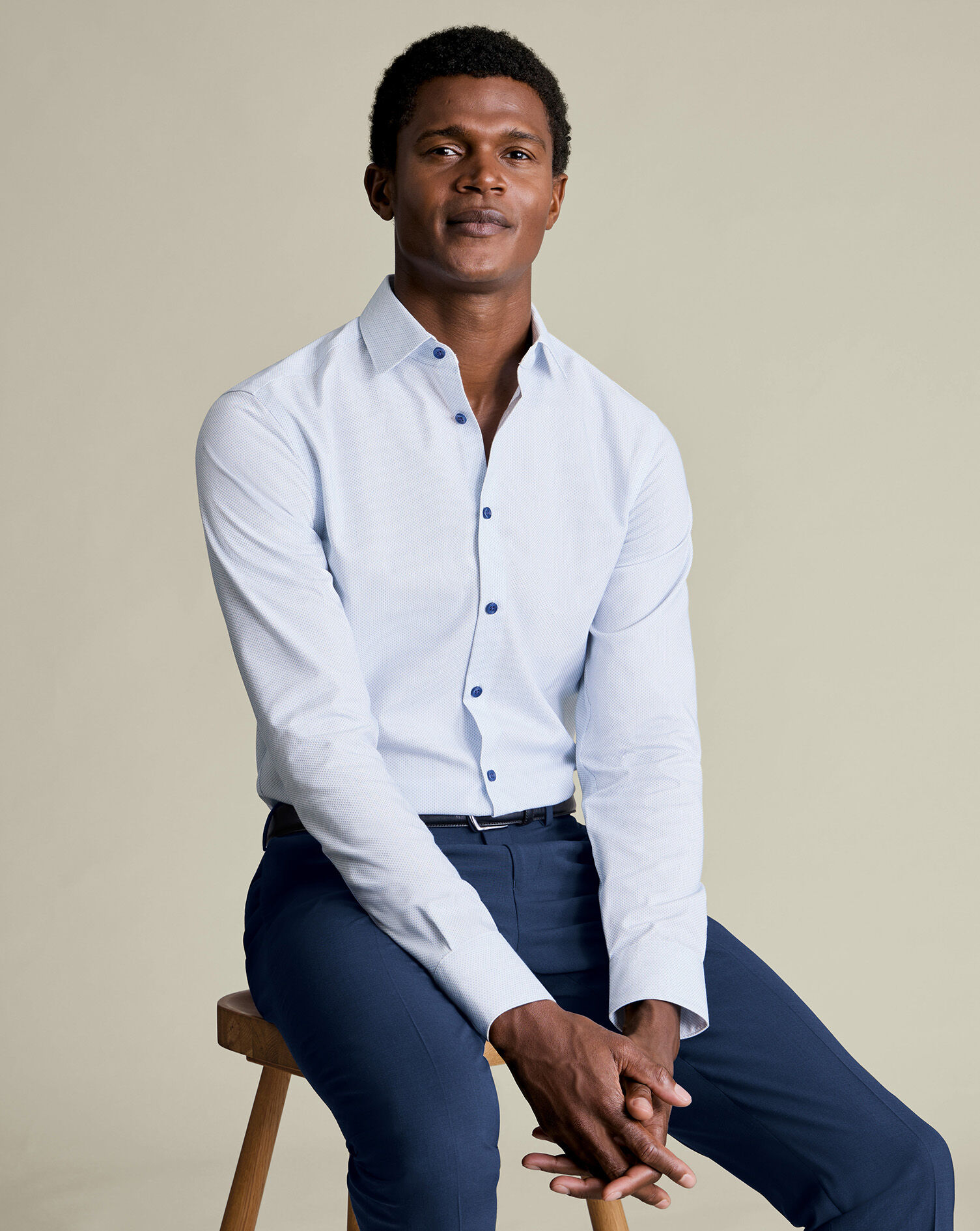 Non-Iron Stretch Texture Shirt - White & Sky Blue