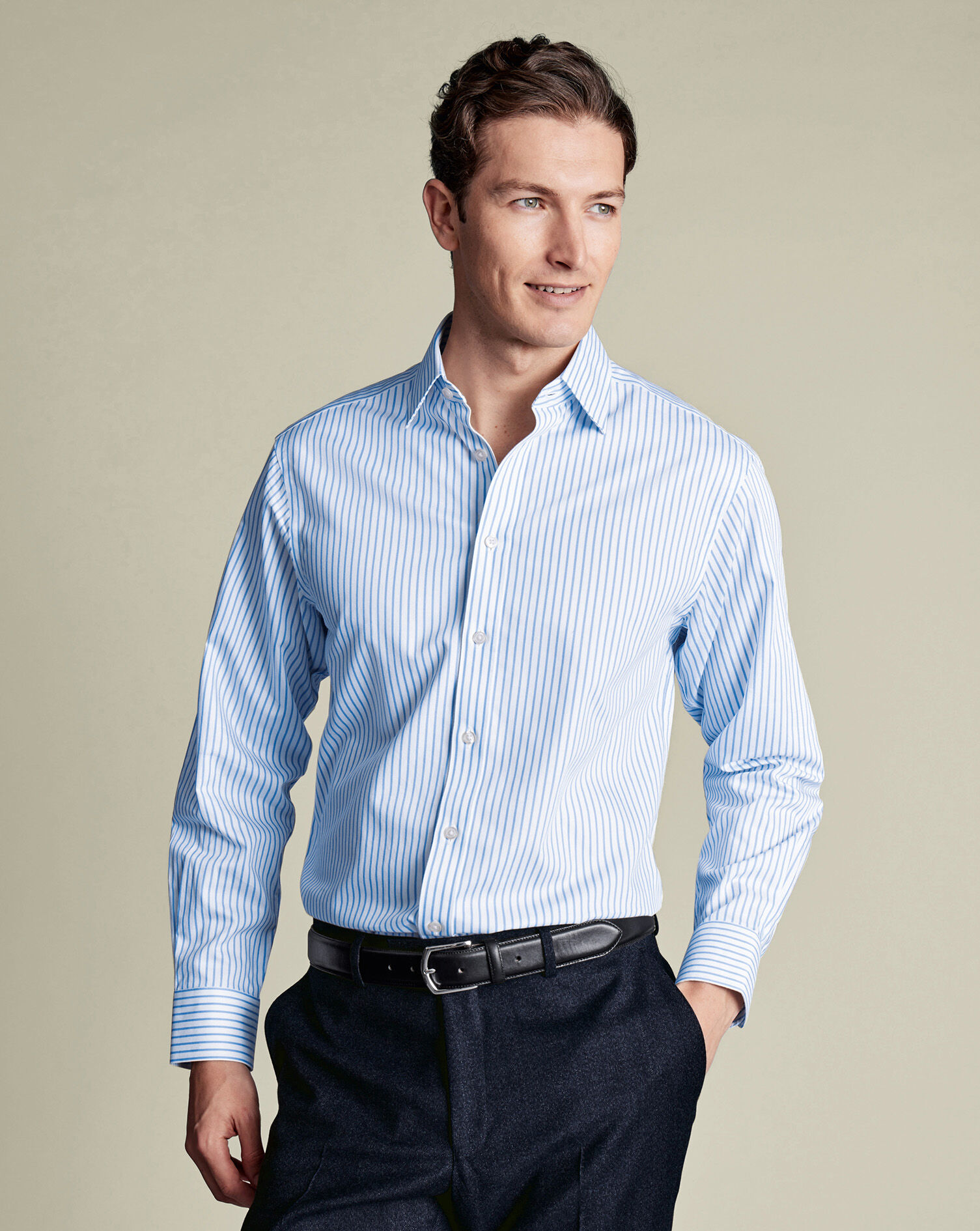 Non-Iron Twill Stripe Shirt - Cornflower Blue