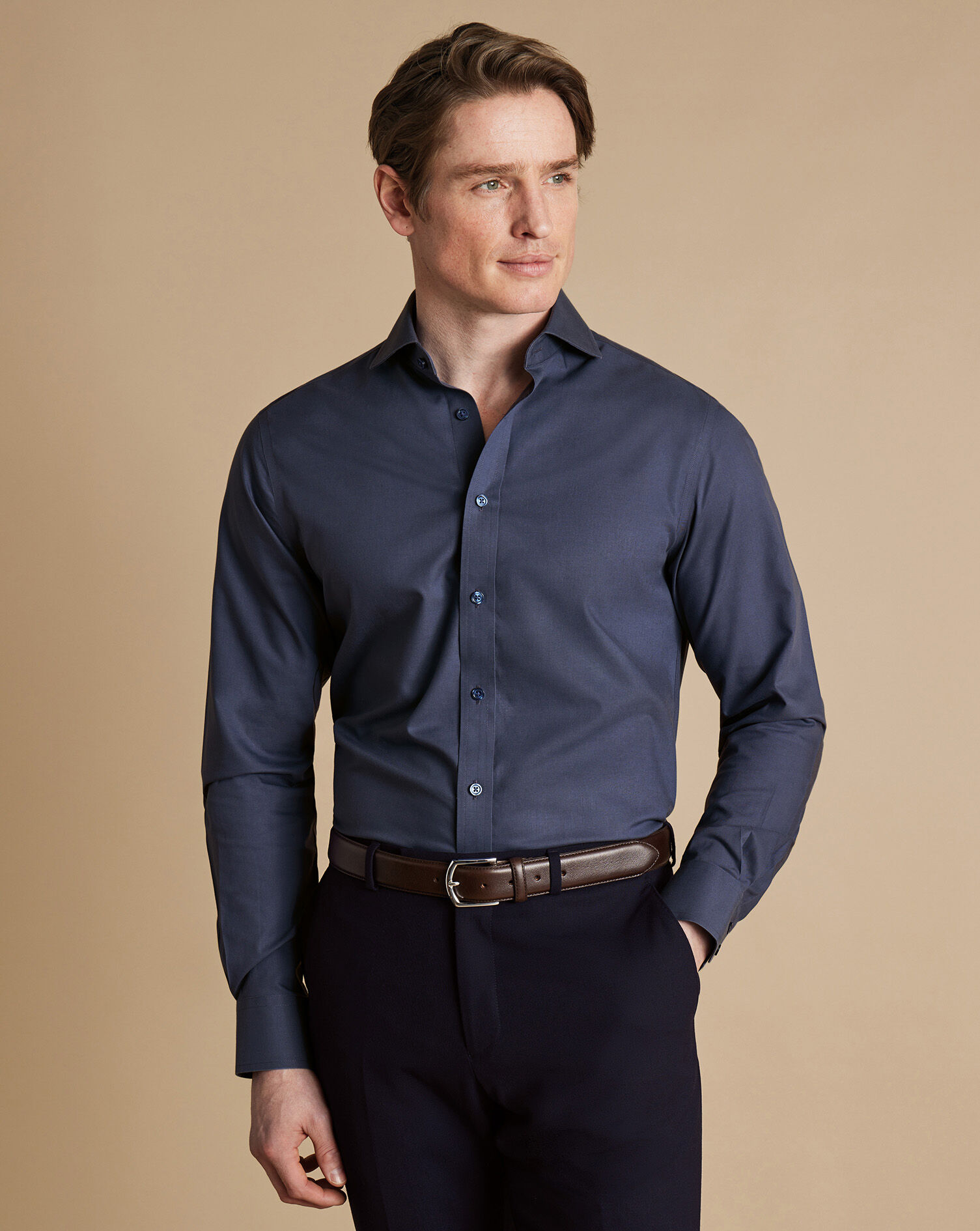 Spread Collar Non-Iron  Poplin Shirt - Heather Blue