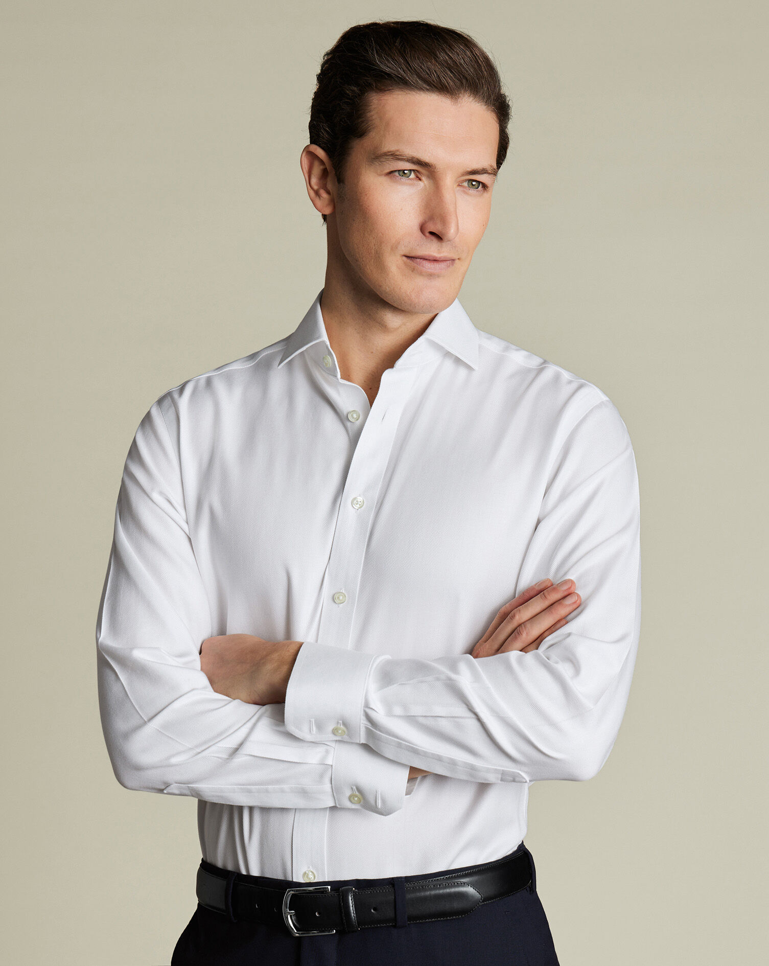 Spread Collar Non-Iron Herringbone Shirt - White