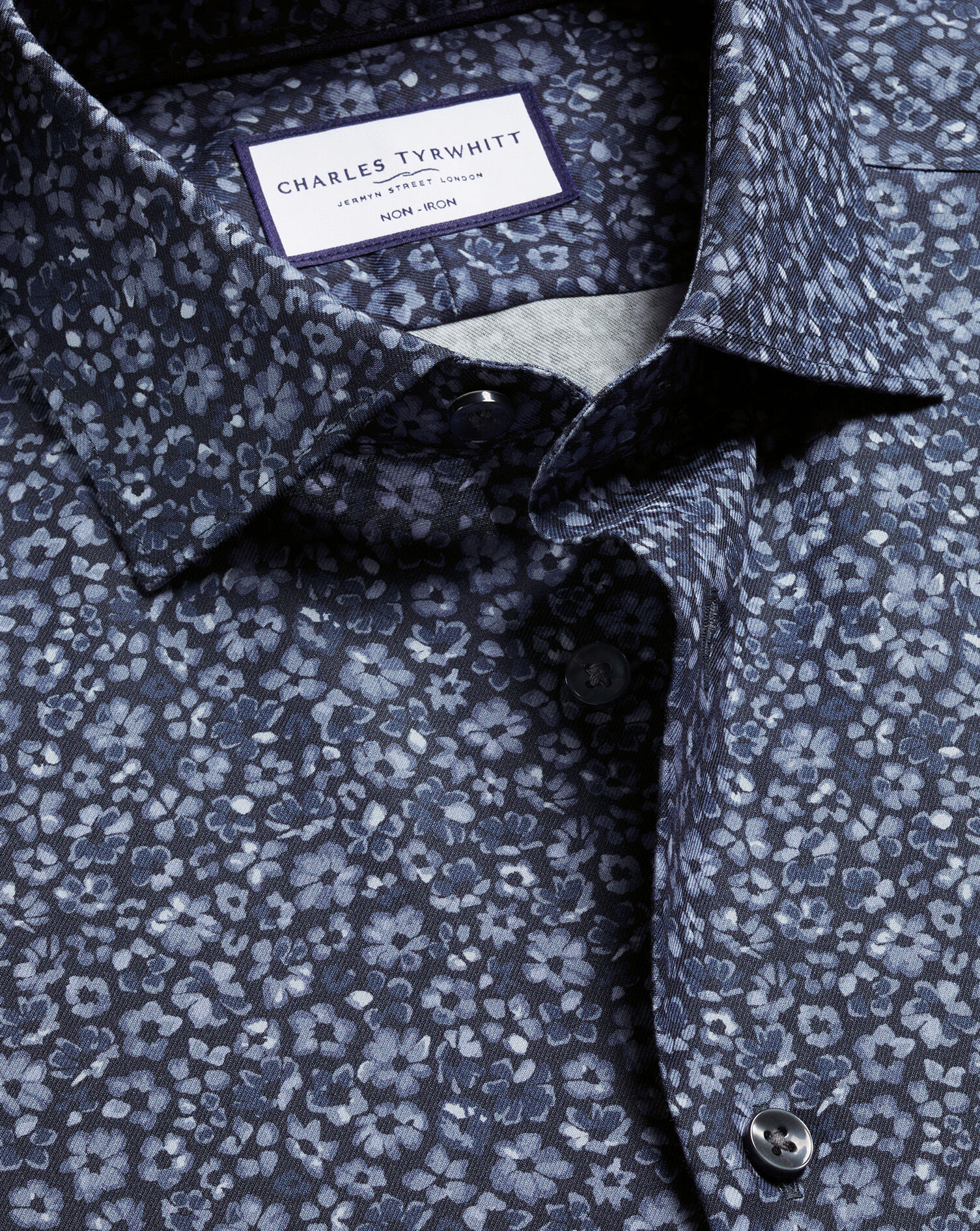 Non-Iron Stretch Floral Print Shirt - Navy