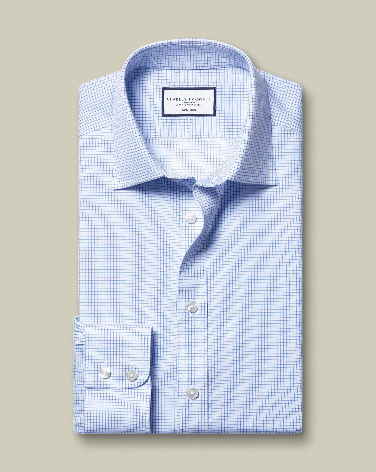 Non-Iron Twill Mini Grid Check Shirt - Cornflower Blue
