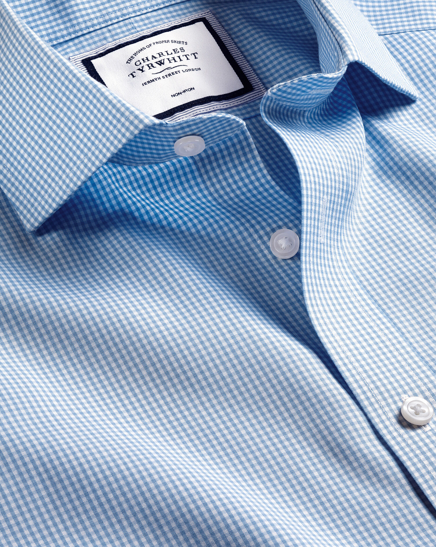 Spread Collar Non-Iron Mini Gingham Check Shirt - Cornflower Blue