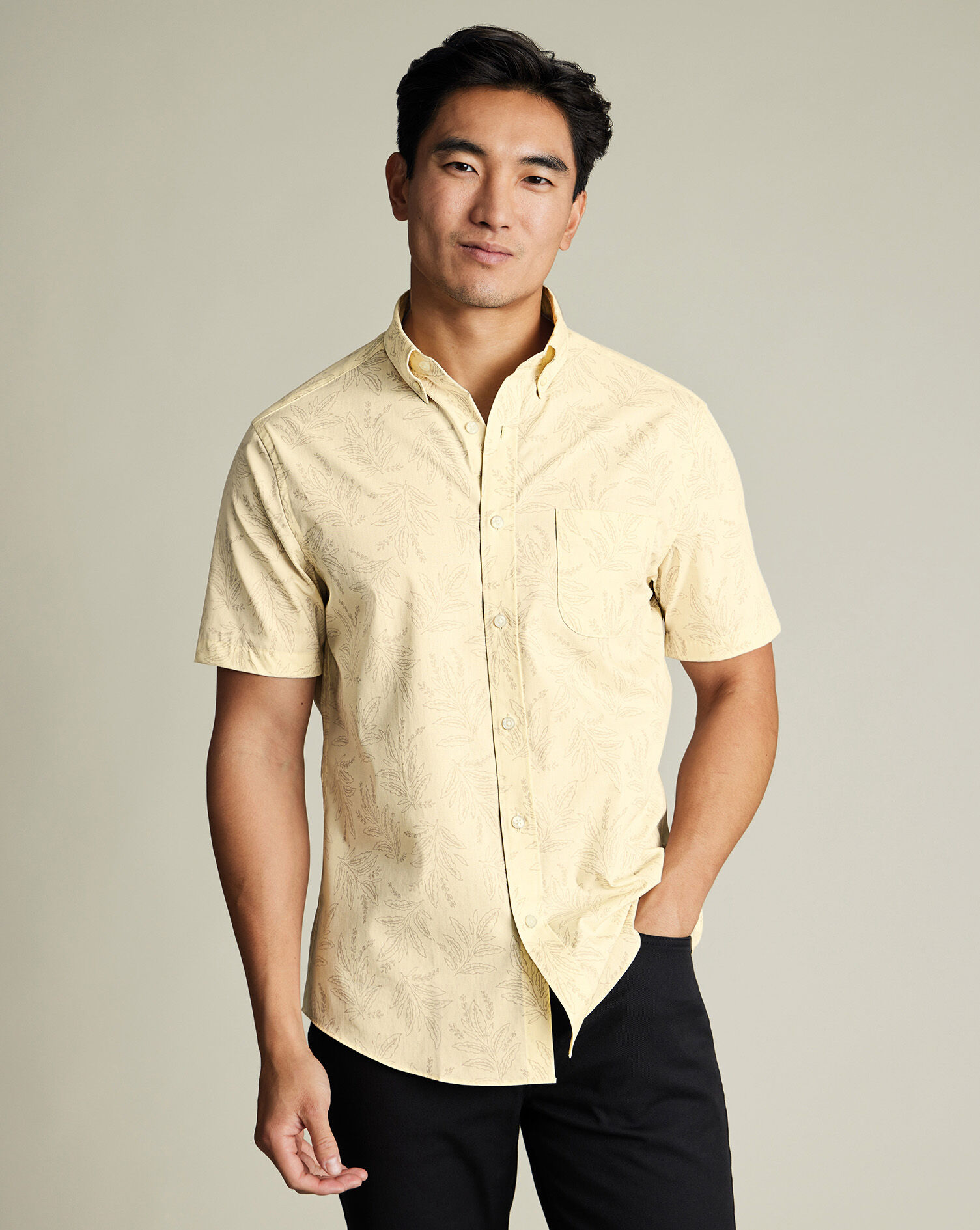 Non-Iron Poplin Print Short Sleeve Shirt - Yellow