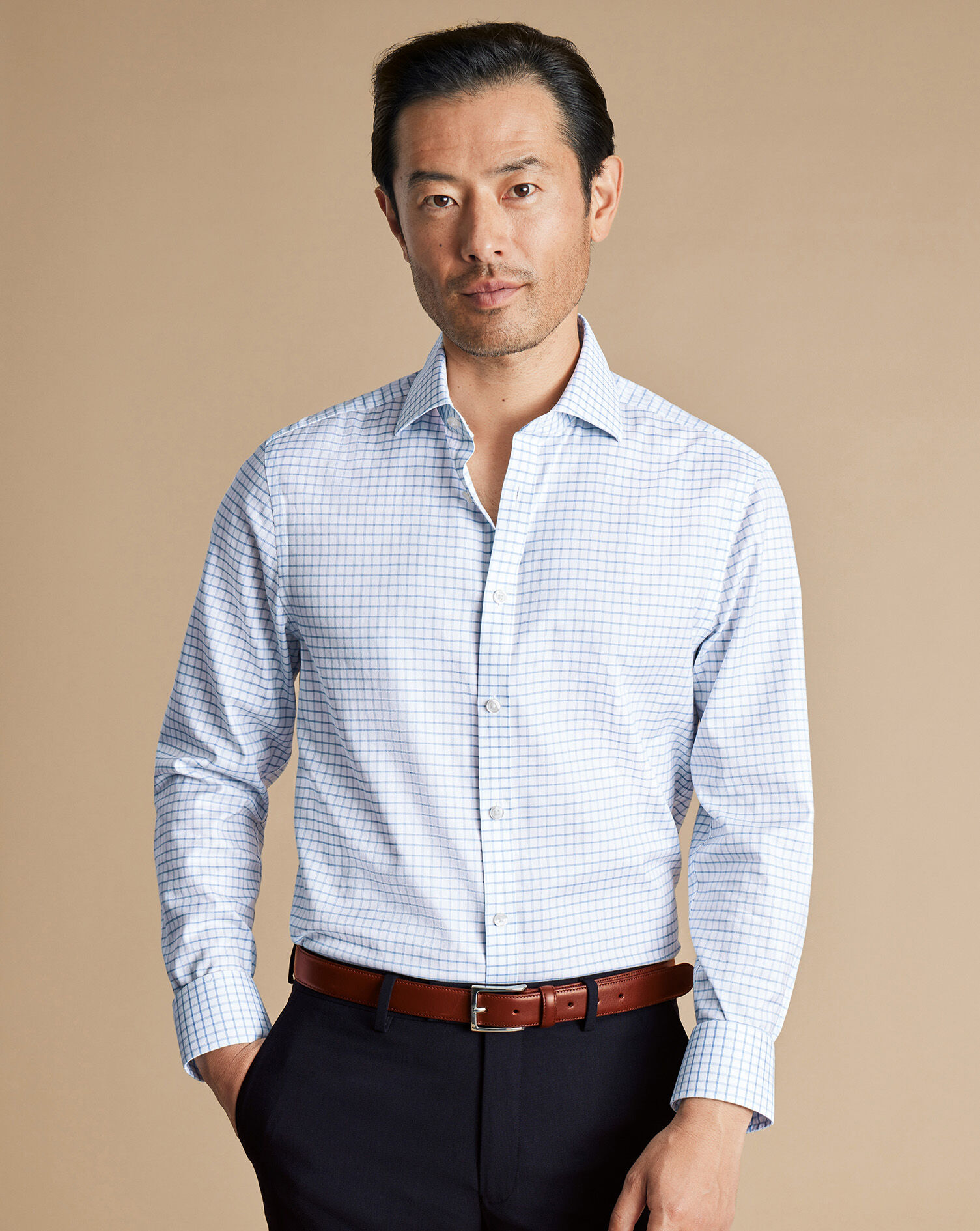 Spread Collar Non-Iron Twill Fine Check Shirt - Cornflower Blue