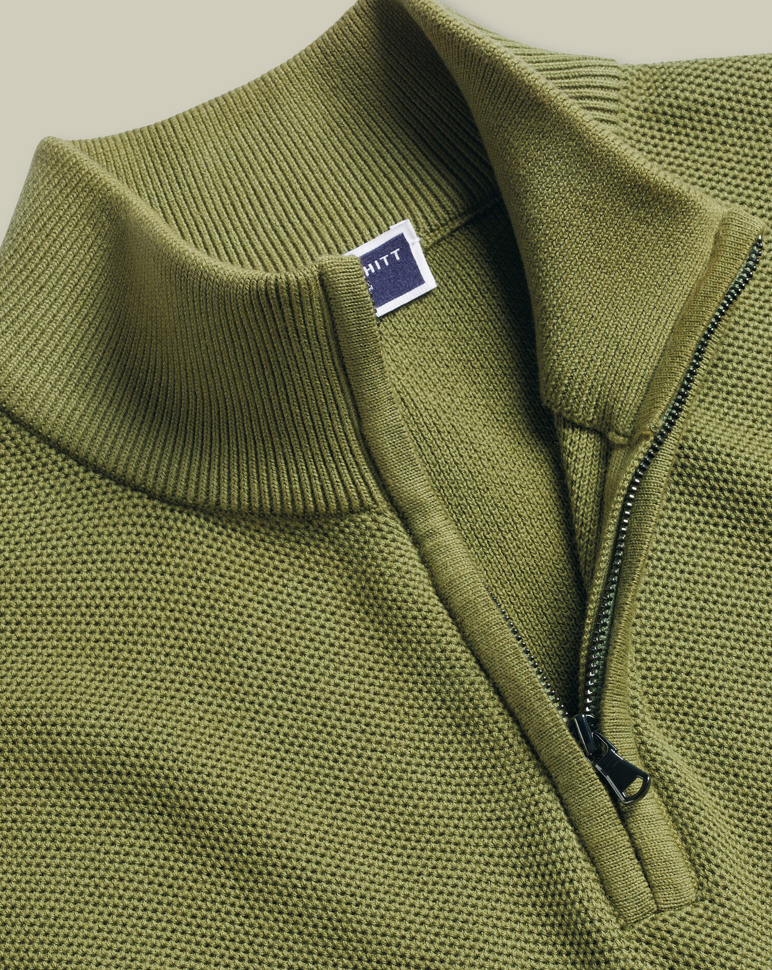 Honeycomb Cotton Quarter Zip Sweater - Moss Green