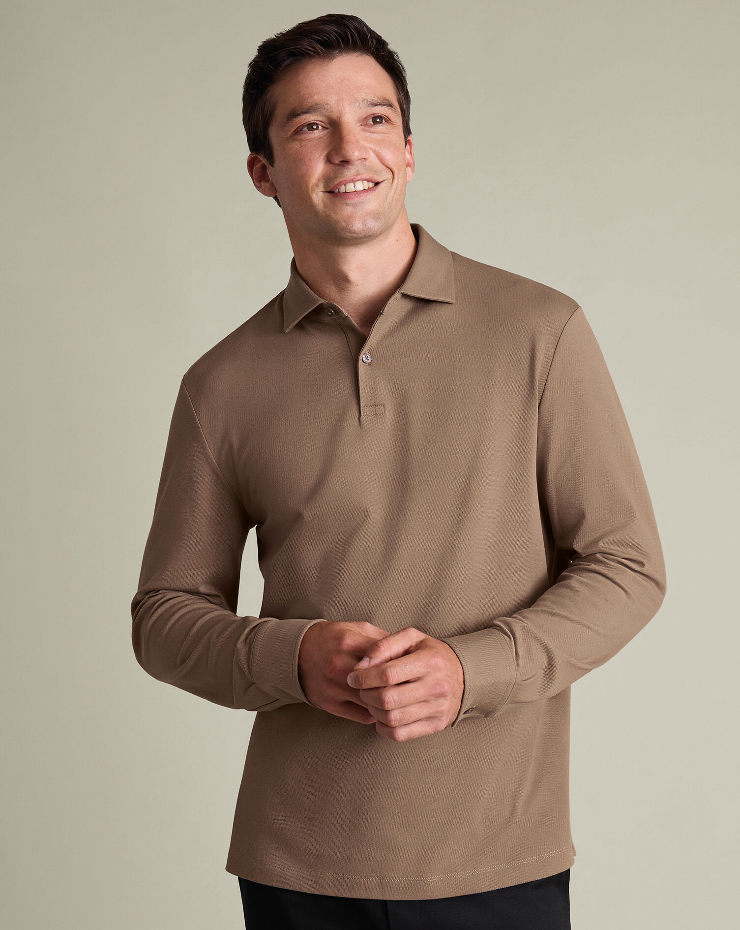 Long Sleeve Smart Pique Polo - Camel