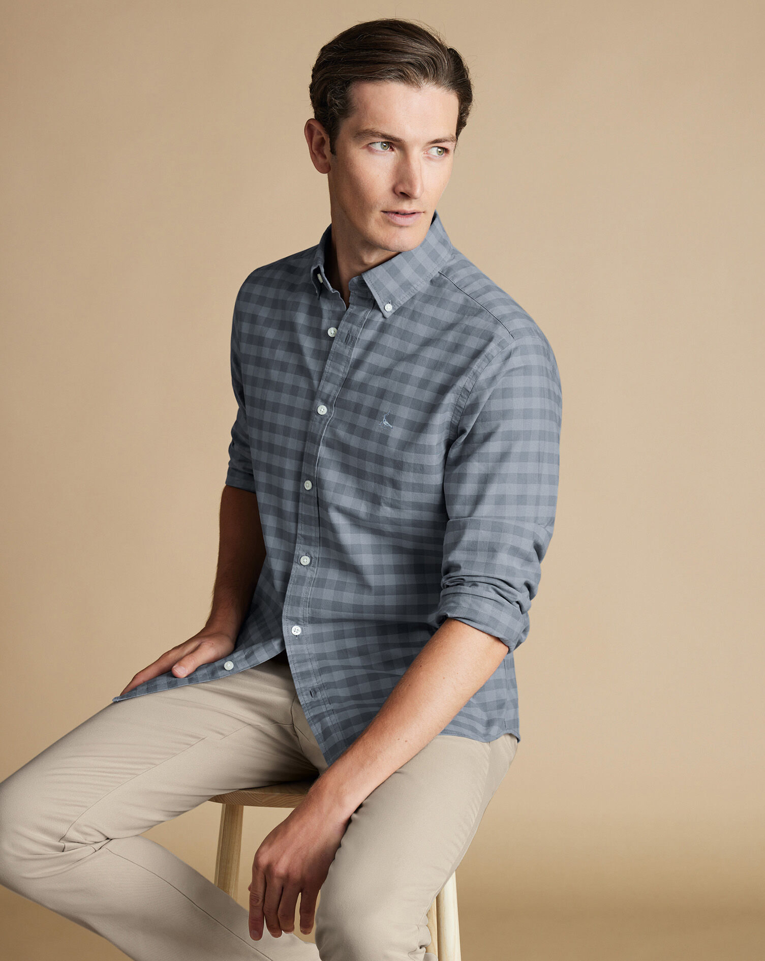 Button-Down Collar Stretch Washed Oxford Gingham Shirt - Flint Gray