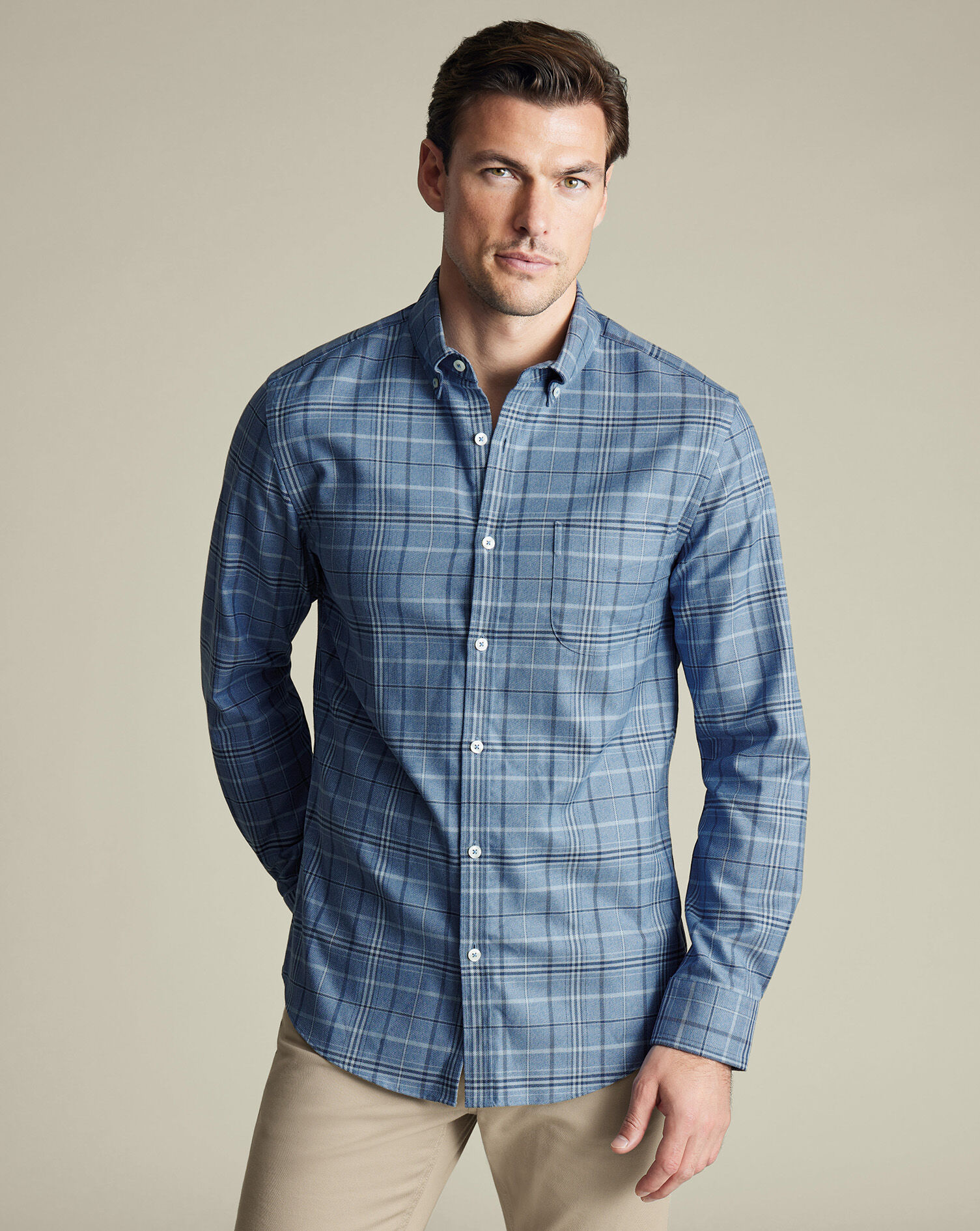 Non-Iron Twill Plaid Check Shirt - Indigo Blue