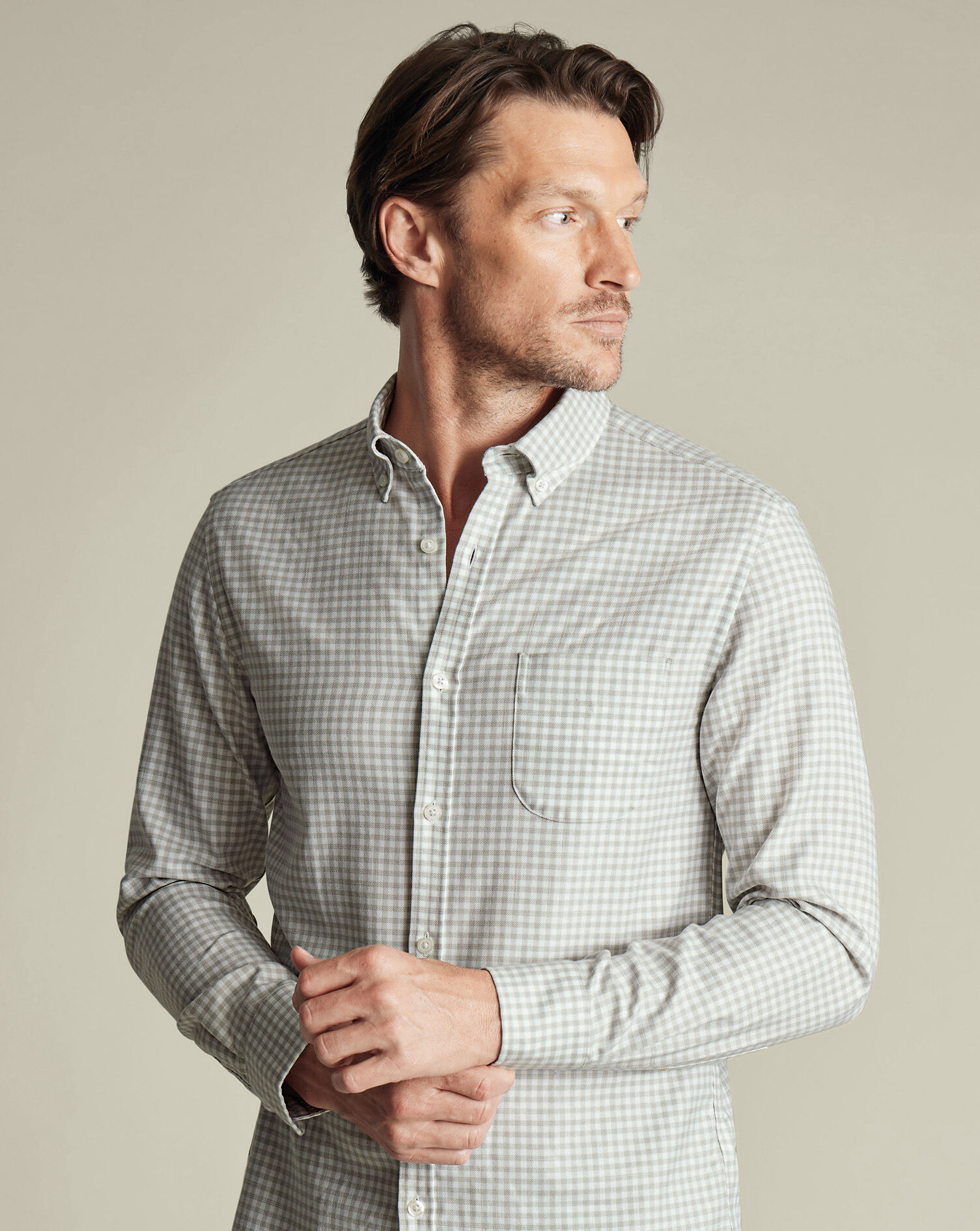 Non-Iron Twill Gingham Shirt - Silver Gray