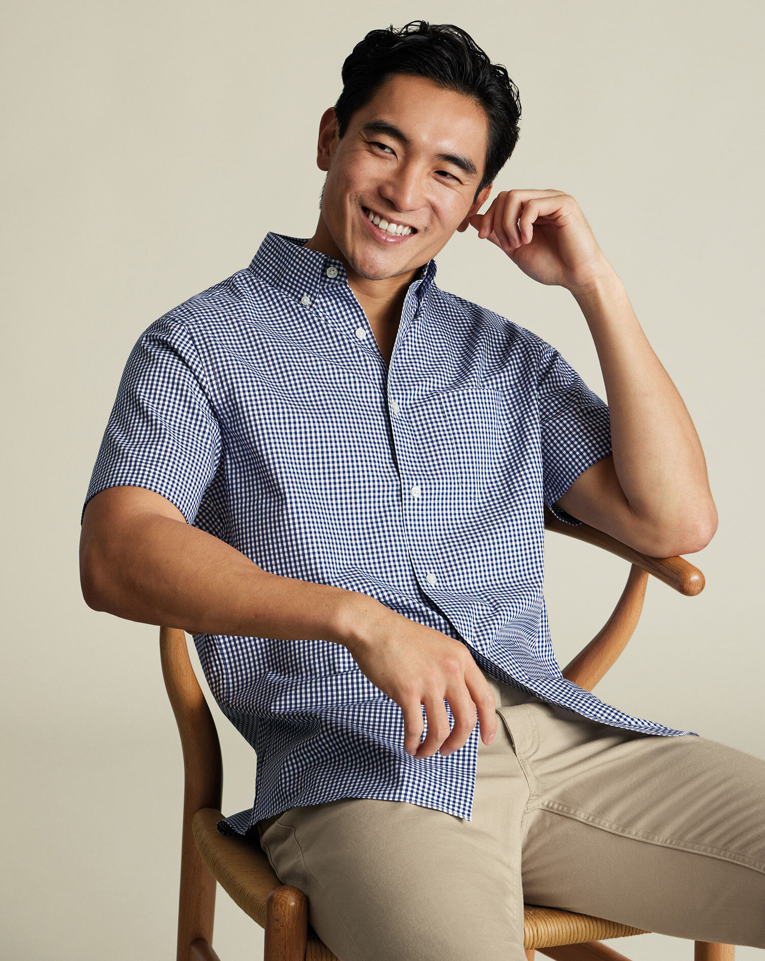 Non-Iron Stretch Poplin Check Short Sleeve Shirt - Navy