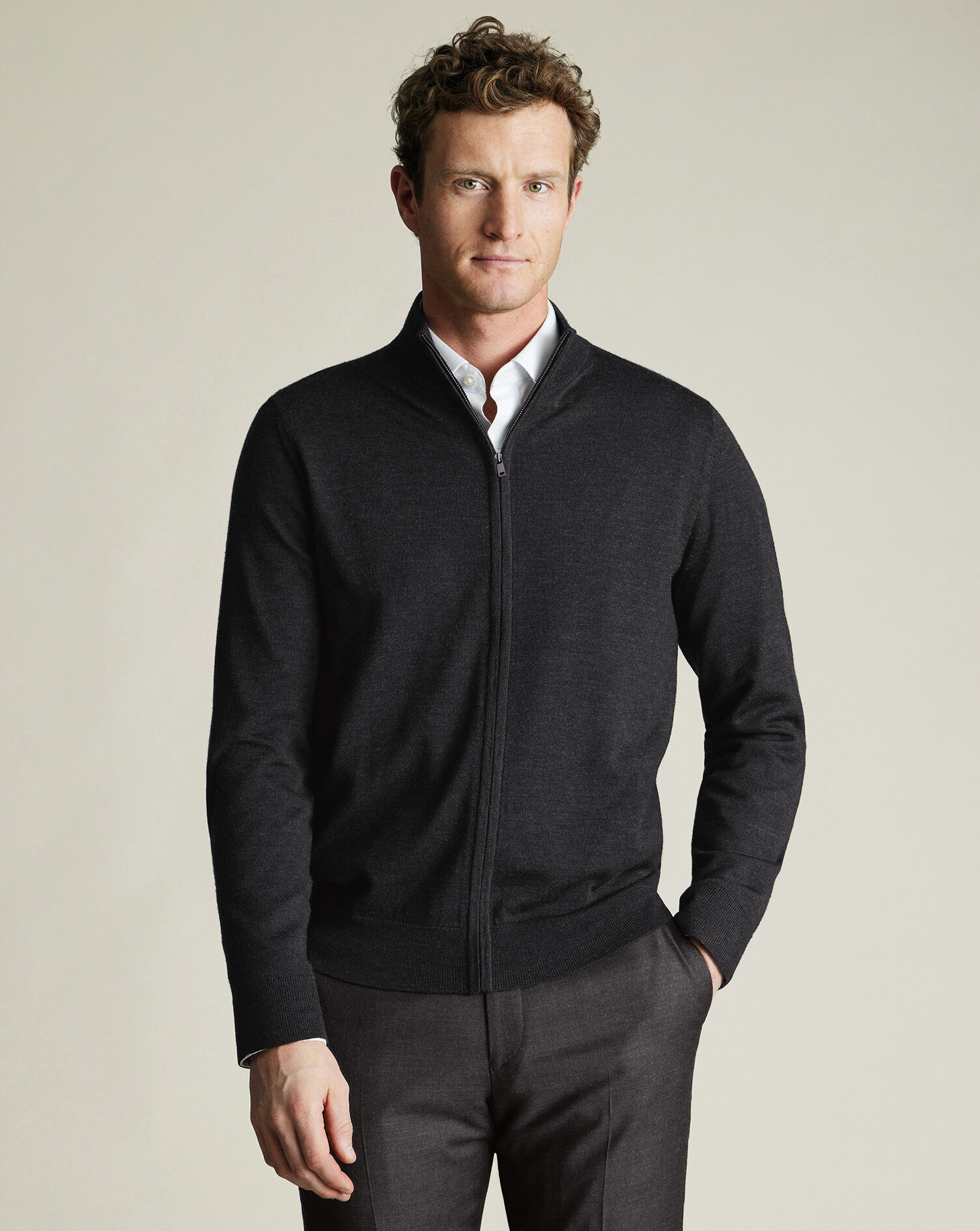 Pure Merino Full Zip-Through Cardigan - Charcoal Gray