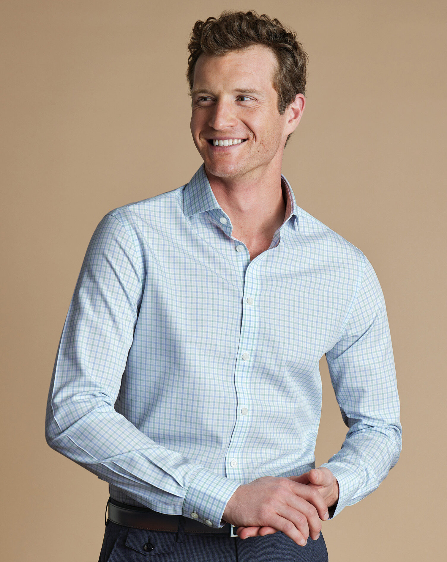 Spread Collar Non-Iron Poplin Shirt - Green & Sky