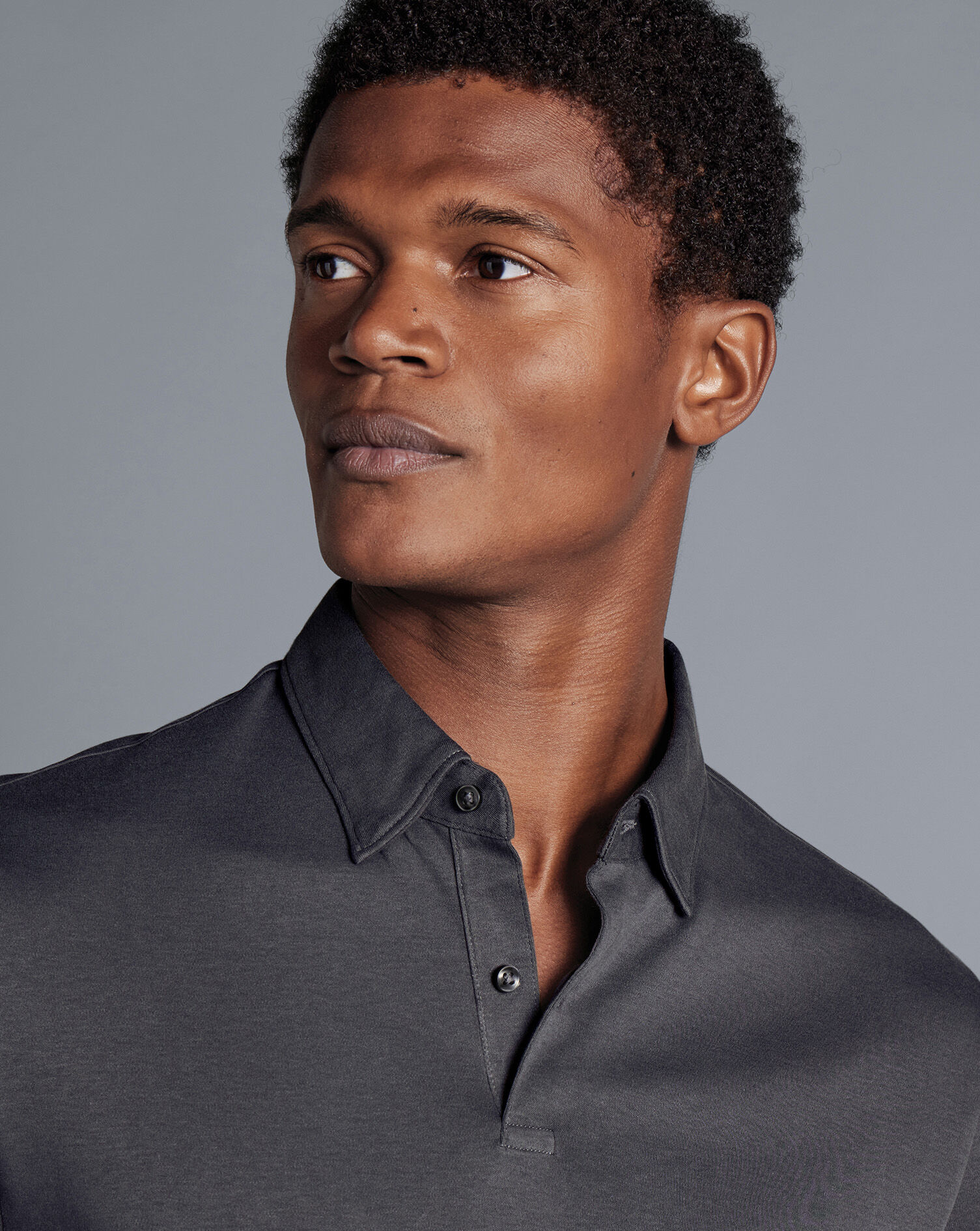 Combed Cotton Long Sleeve Polo - Dark Gray