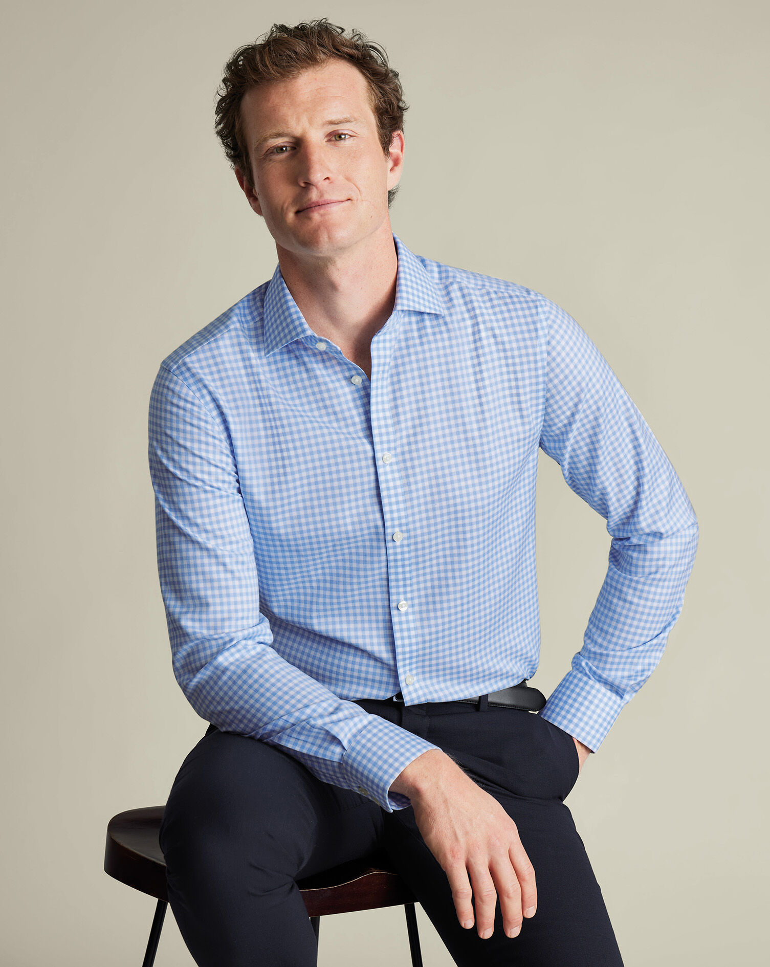 Non-Iron Twill Gingham Shirt - Cornflower Blue