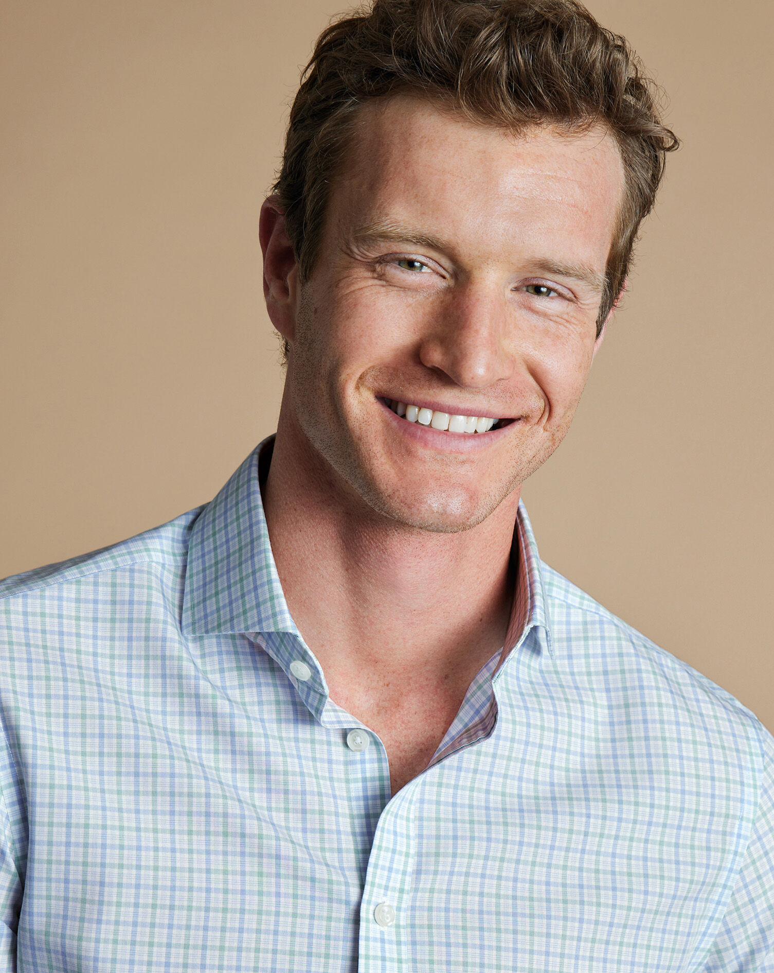 Spread Collar Non-Iron Poplin Shirt - Green & Sky