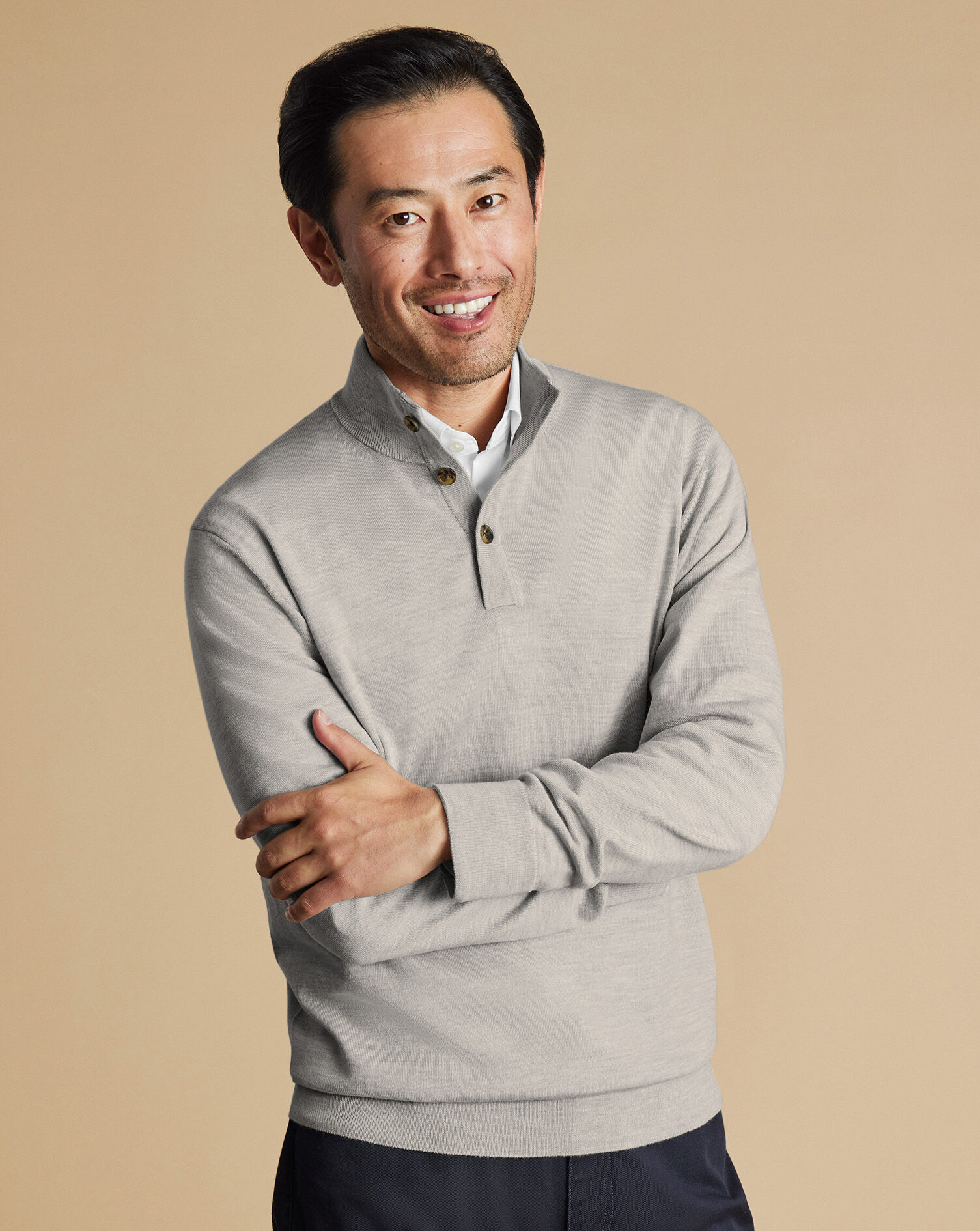 Merino Button Neck Sweater - Silver Gray