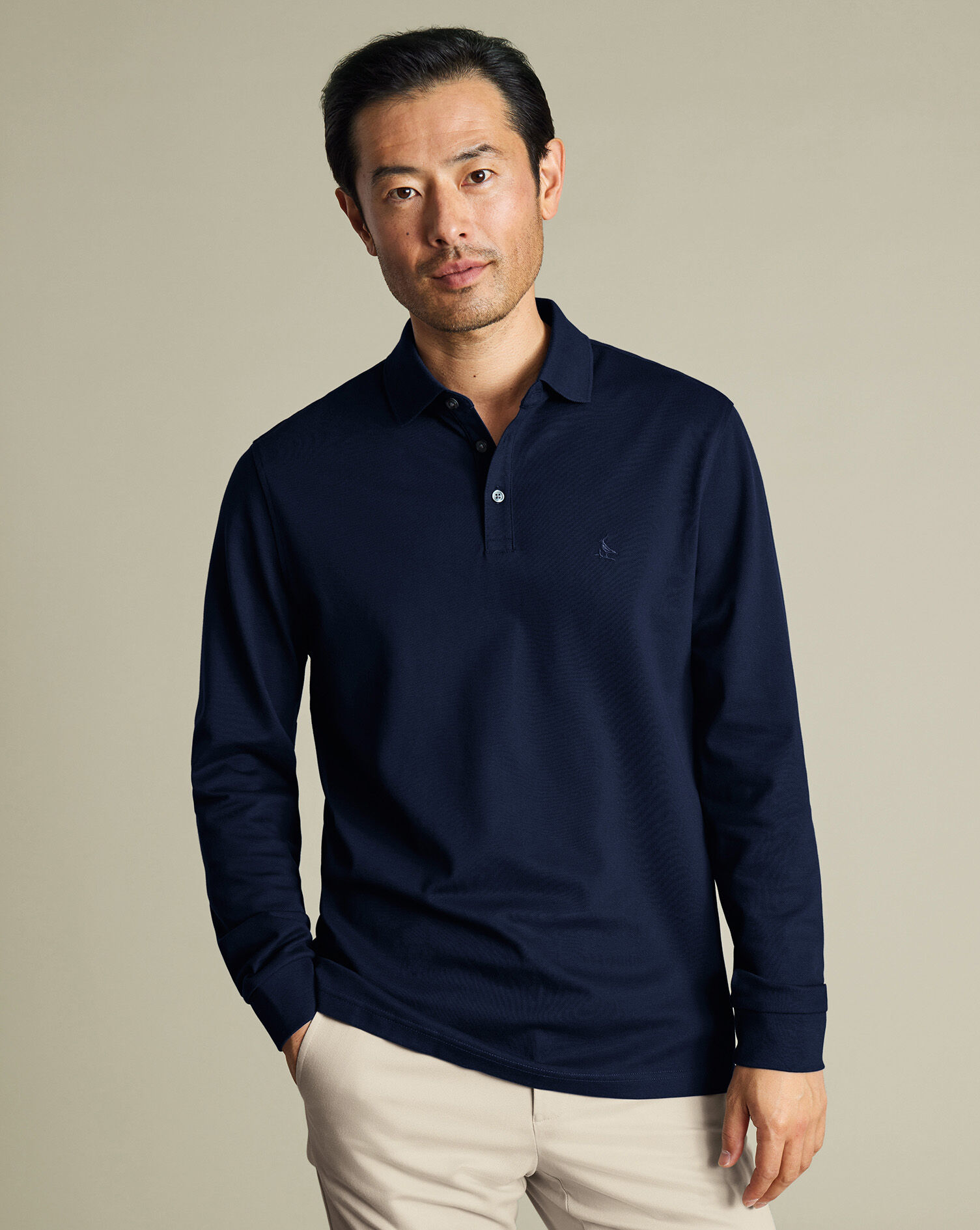 Long Sleeve Pique Polo - Navy