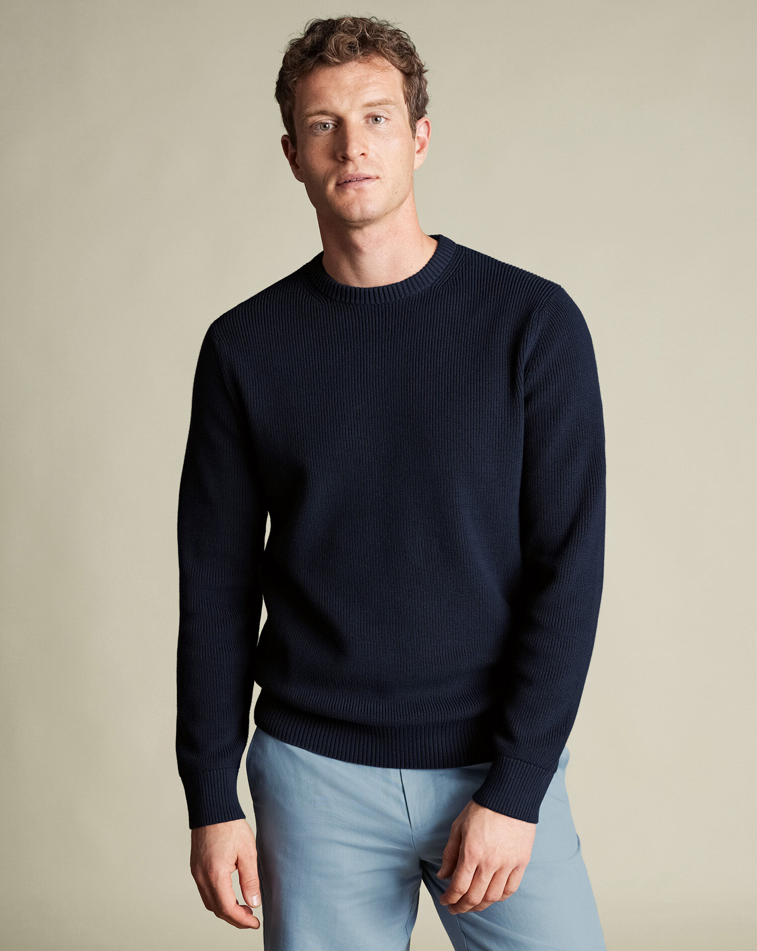Cotton Rib Crew Neck Sweater - Navy