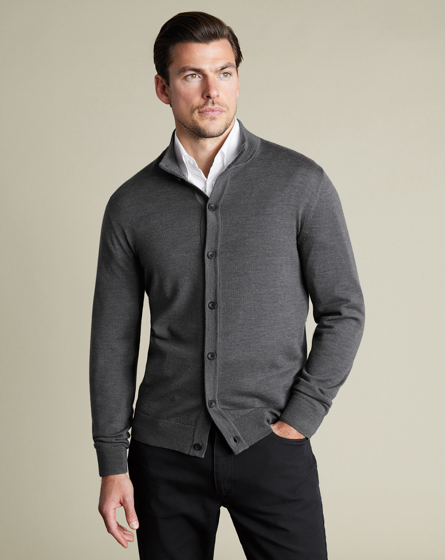 Merino Button Through Funnel Neck Cardigan - Gray
