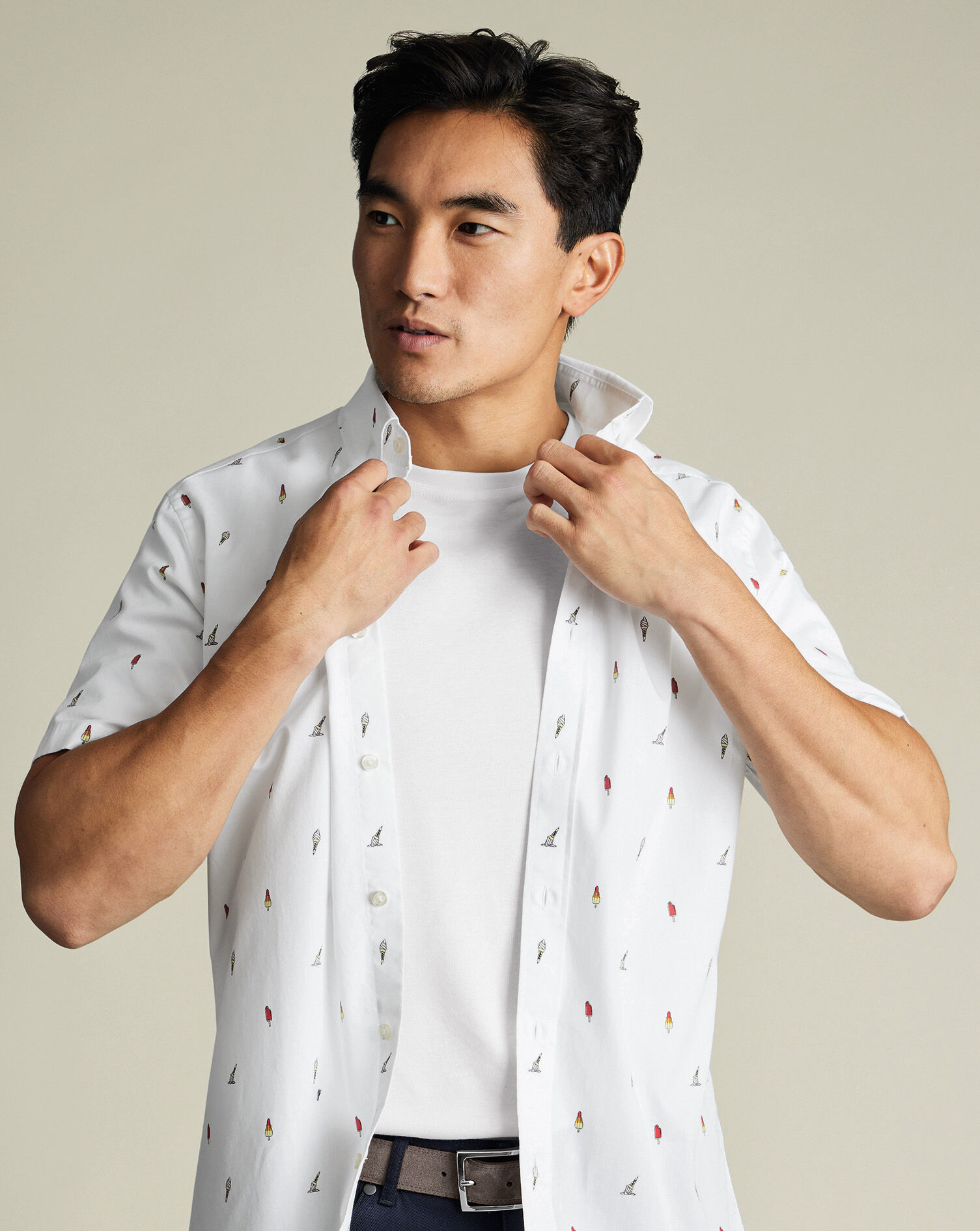 Non-Iron Poplin Ice Cream Print Short Sleeve Shirt - White