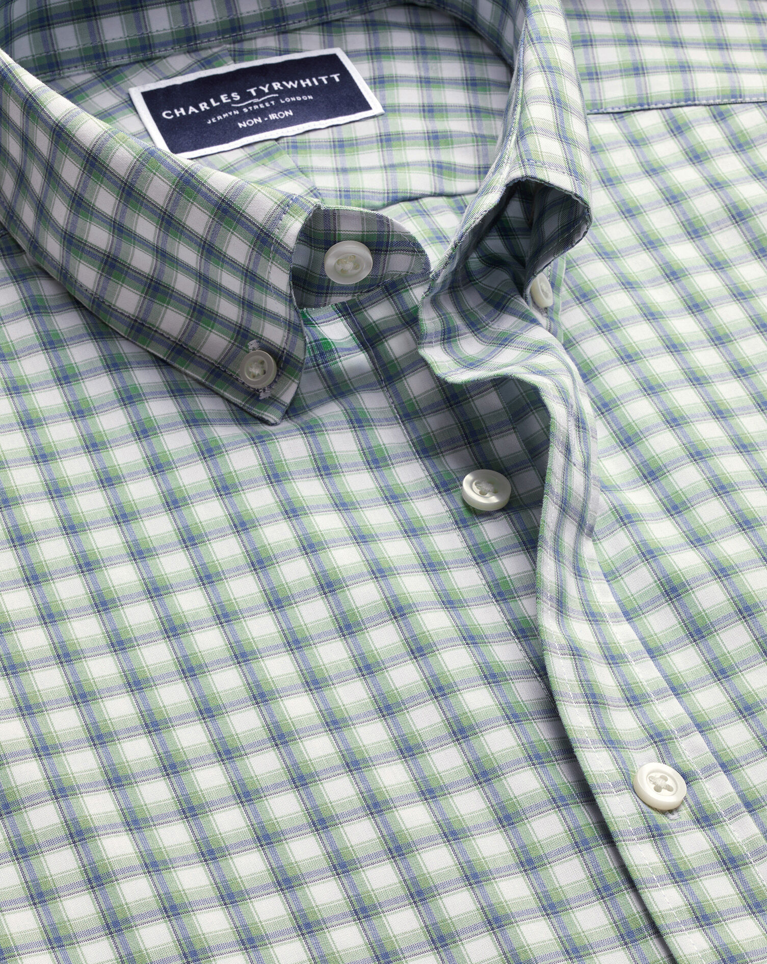 Non-Iron Stretch Poplin Mid Check Shirt - Green & Blue