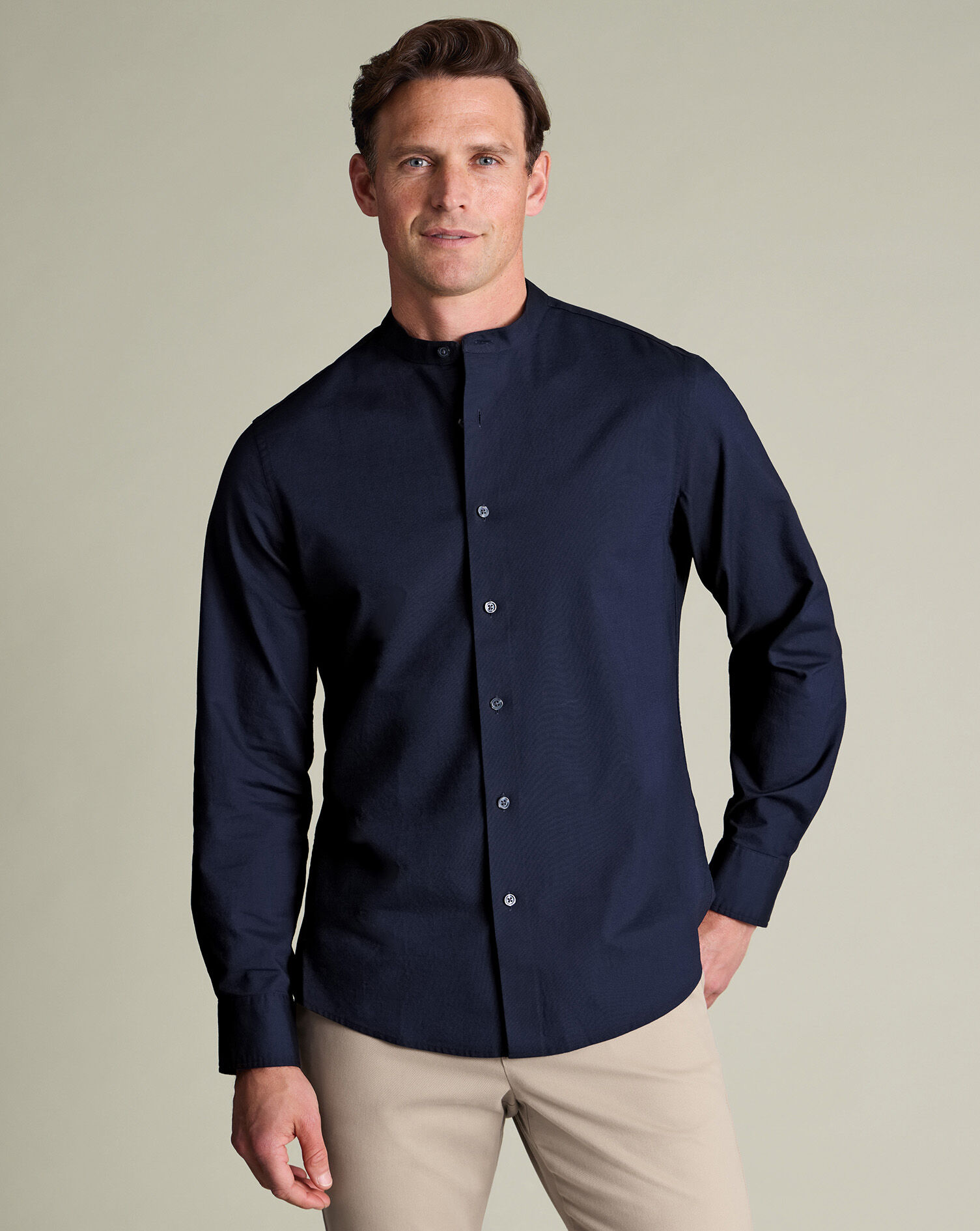 Collarless Stretch Washed Oxford Shirt - Ink Blue
