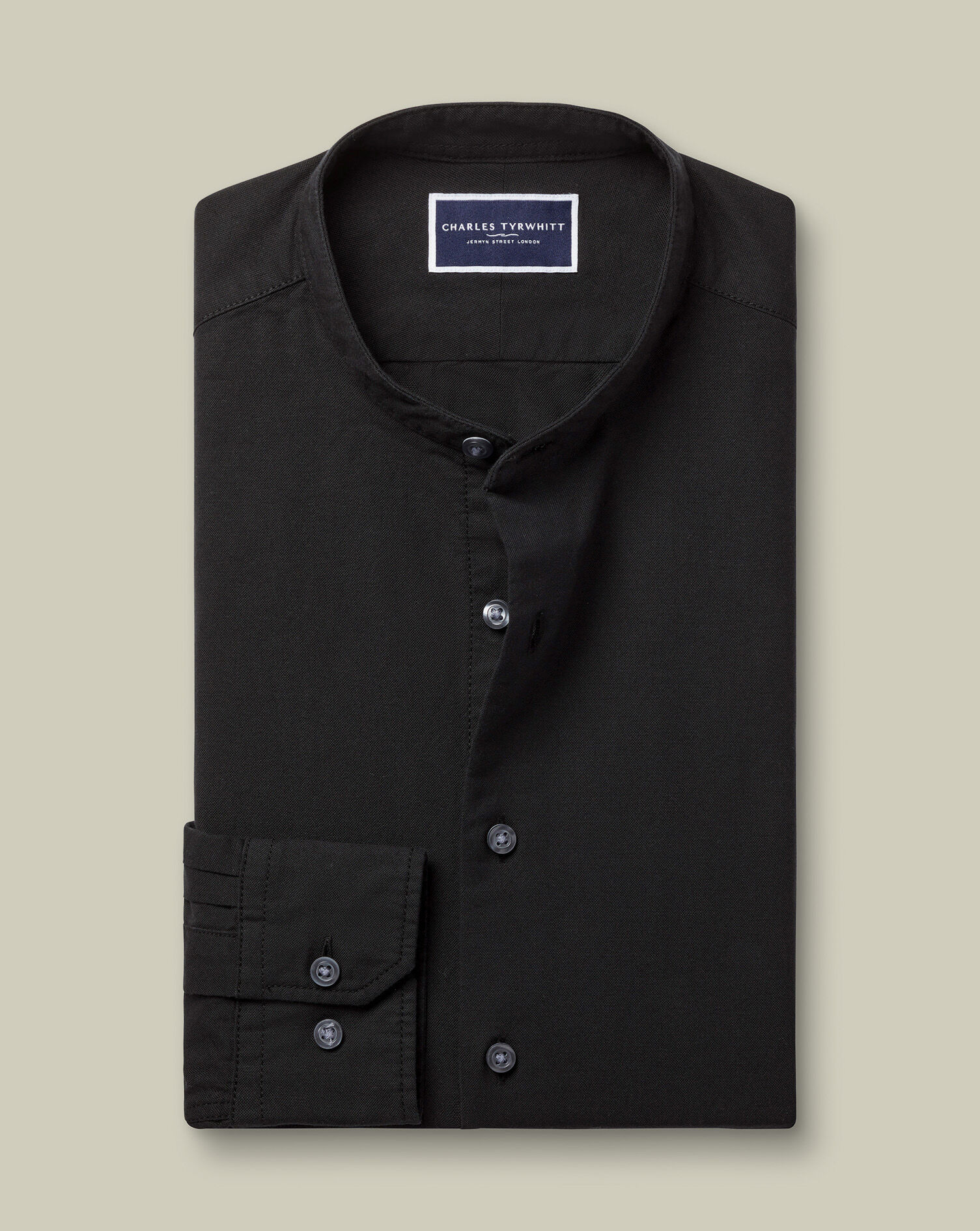 Collarless Stretch Washed Oxford - Black