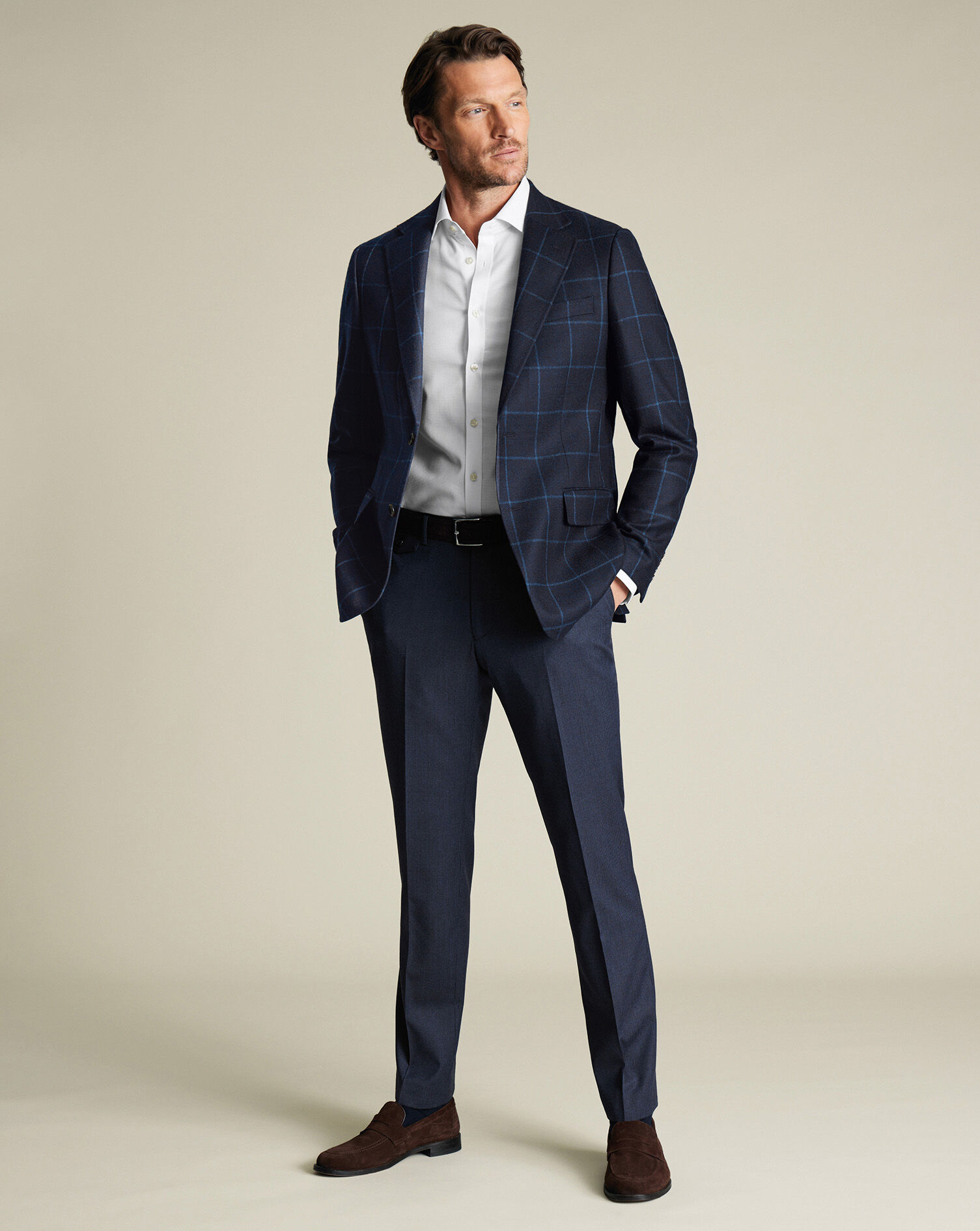 Wool Texture Twill Check Jacket - Navy