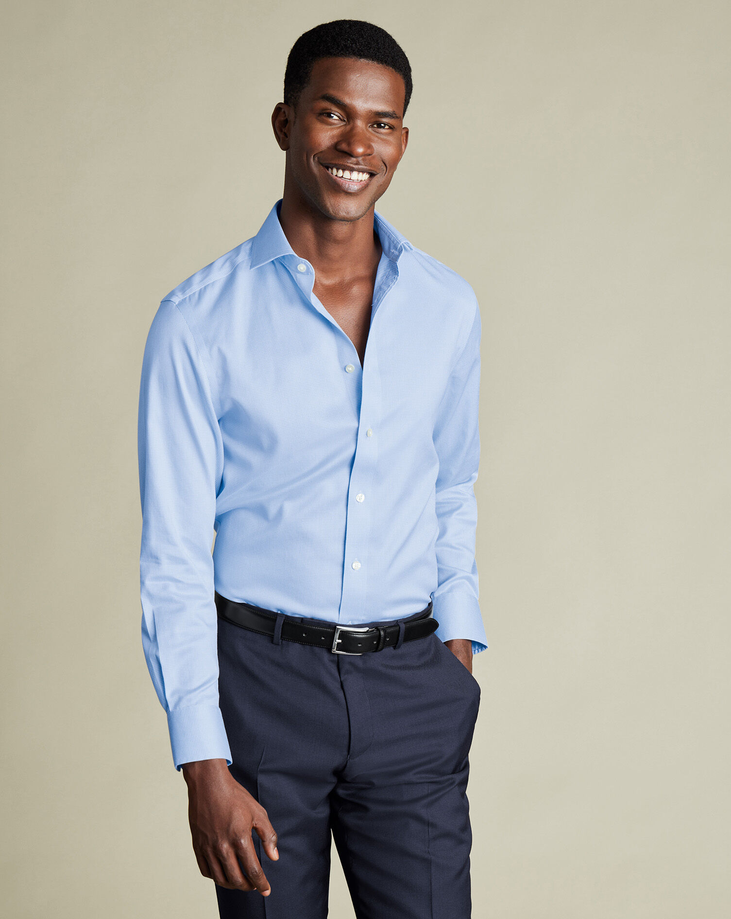 Spread Collar Non-Iron Puppytooth Shirt - Sky Blue