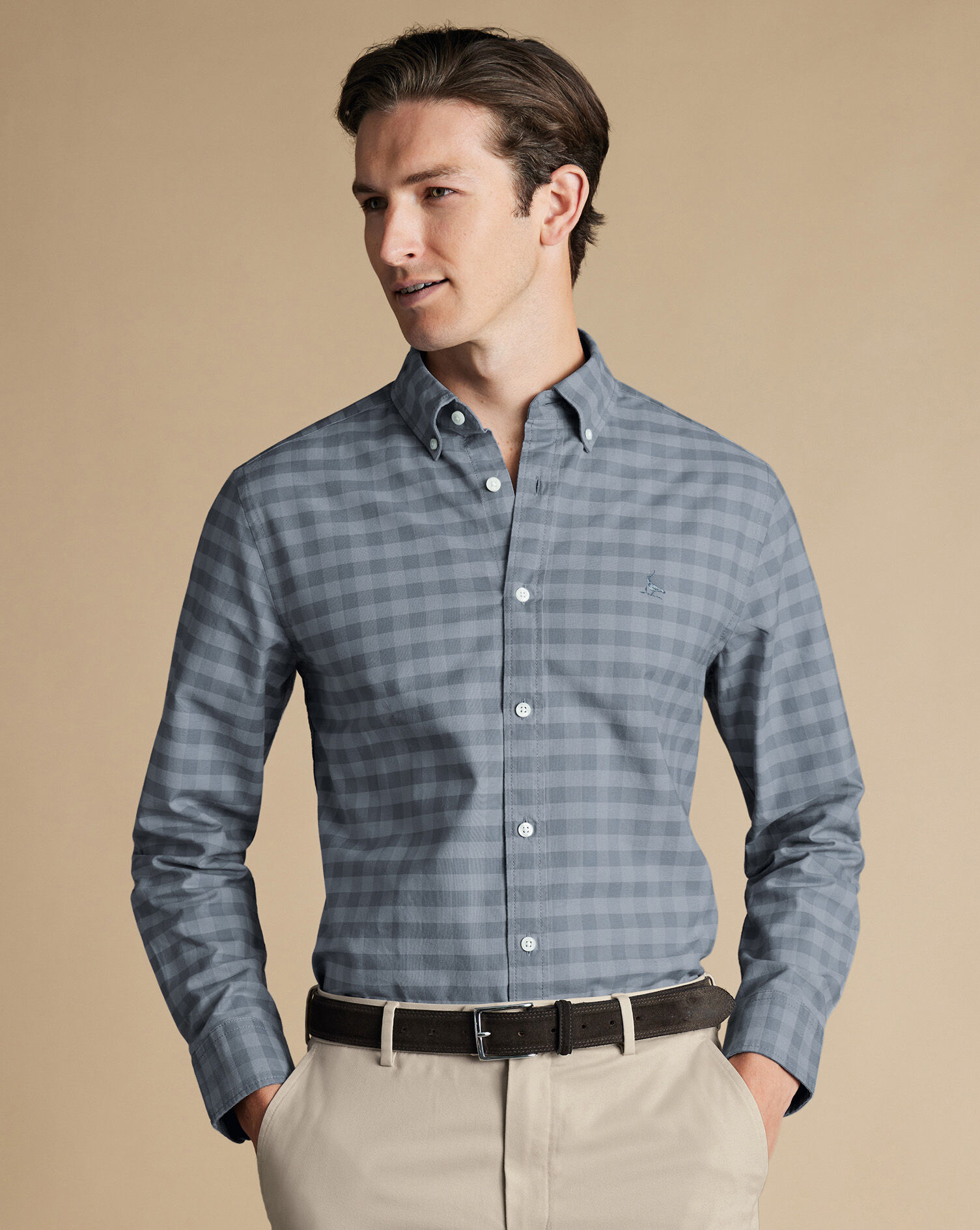 Button-Down Collar Stretch Washed Oxford Gingham Shirt - Flint Gray