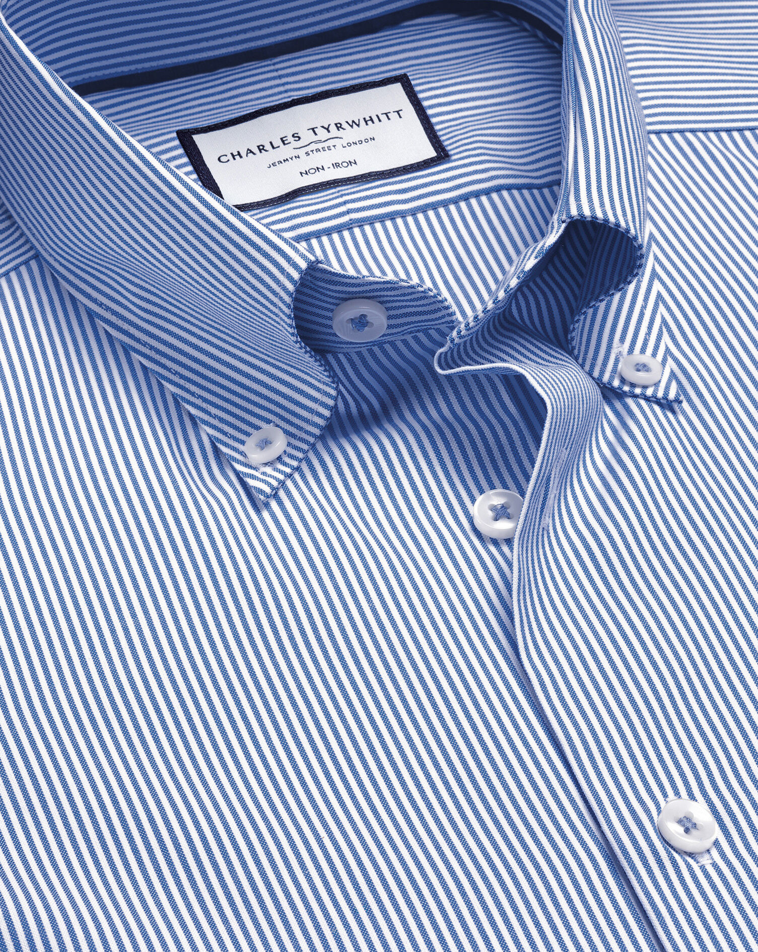 Button-Down Non-Iron Oxford Stripe Shirt - Cobalt Blue