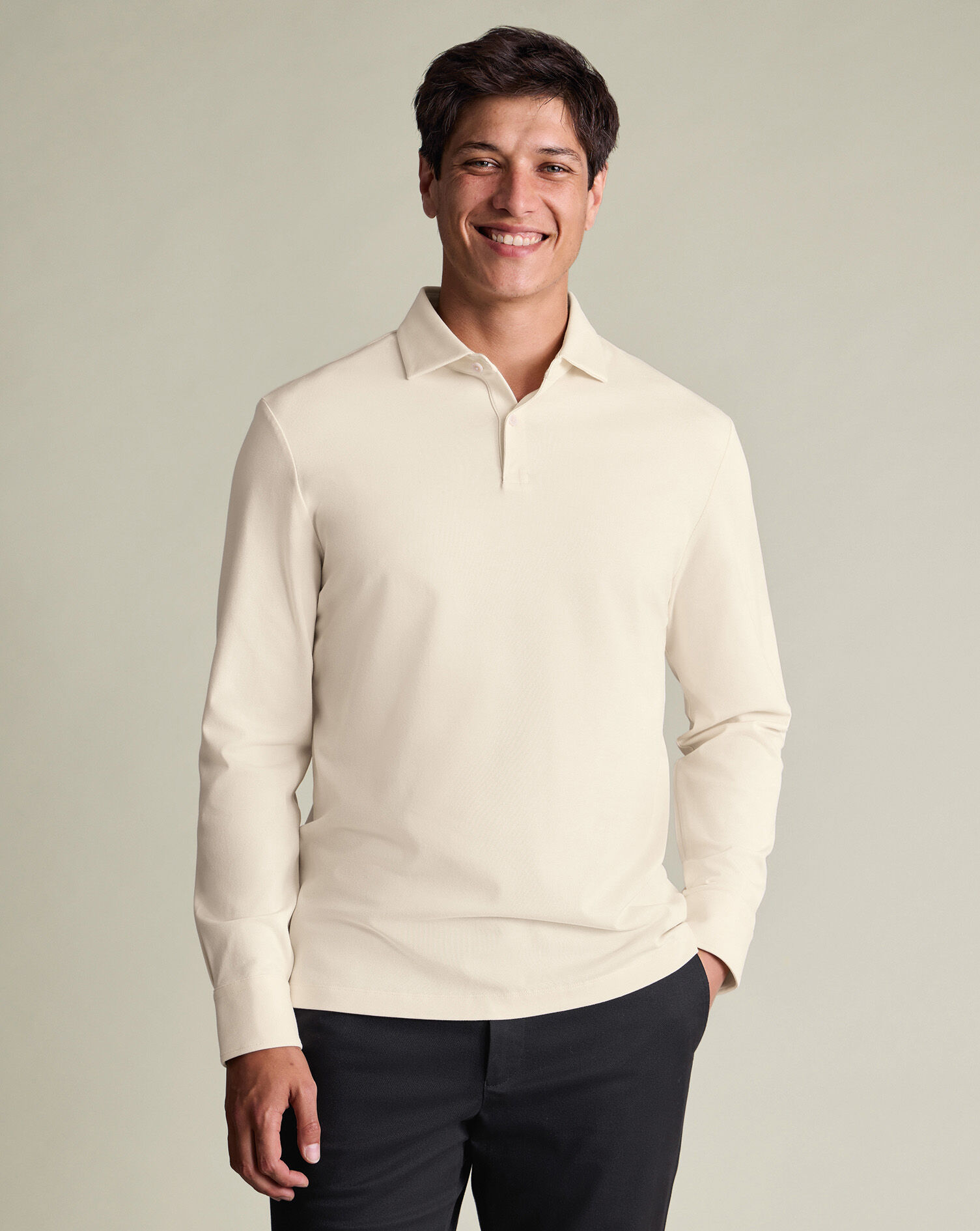 Long Sleeve Smart Pique Polo - Cream