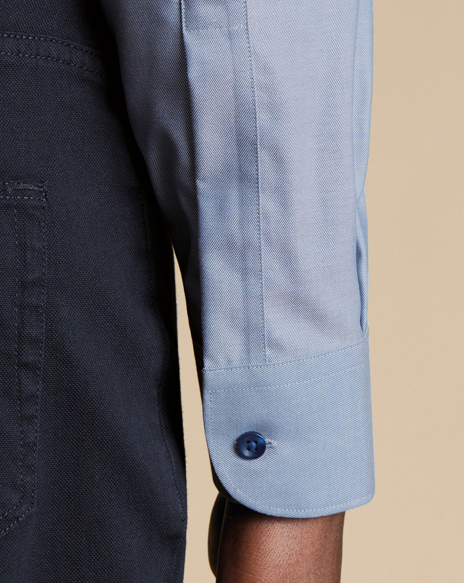 Semi-Spread Collar Twill Shirt with Printed Trim - Steel Blue