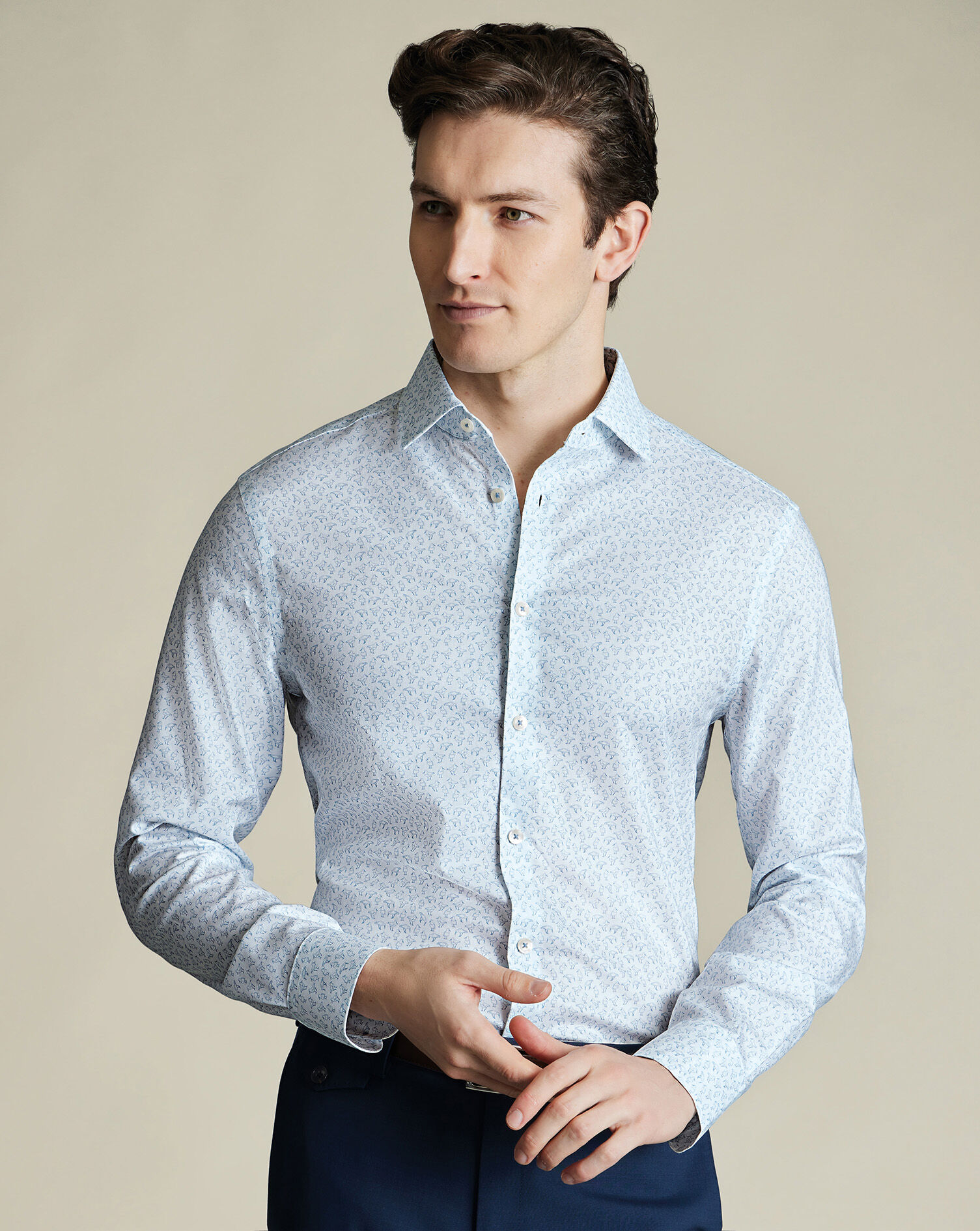 Non-Iron Stretch Bird Print Shirt - Steel Blue