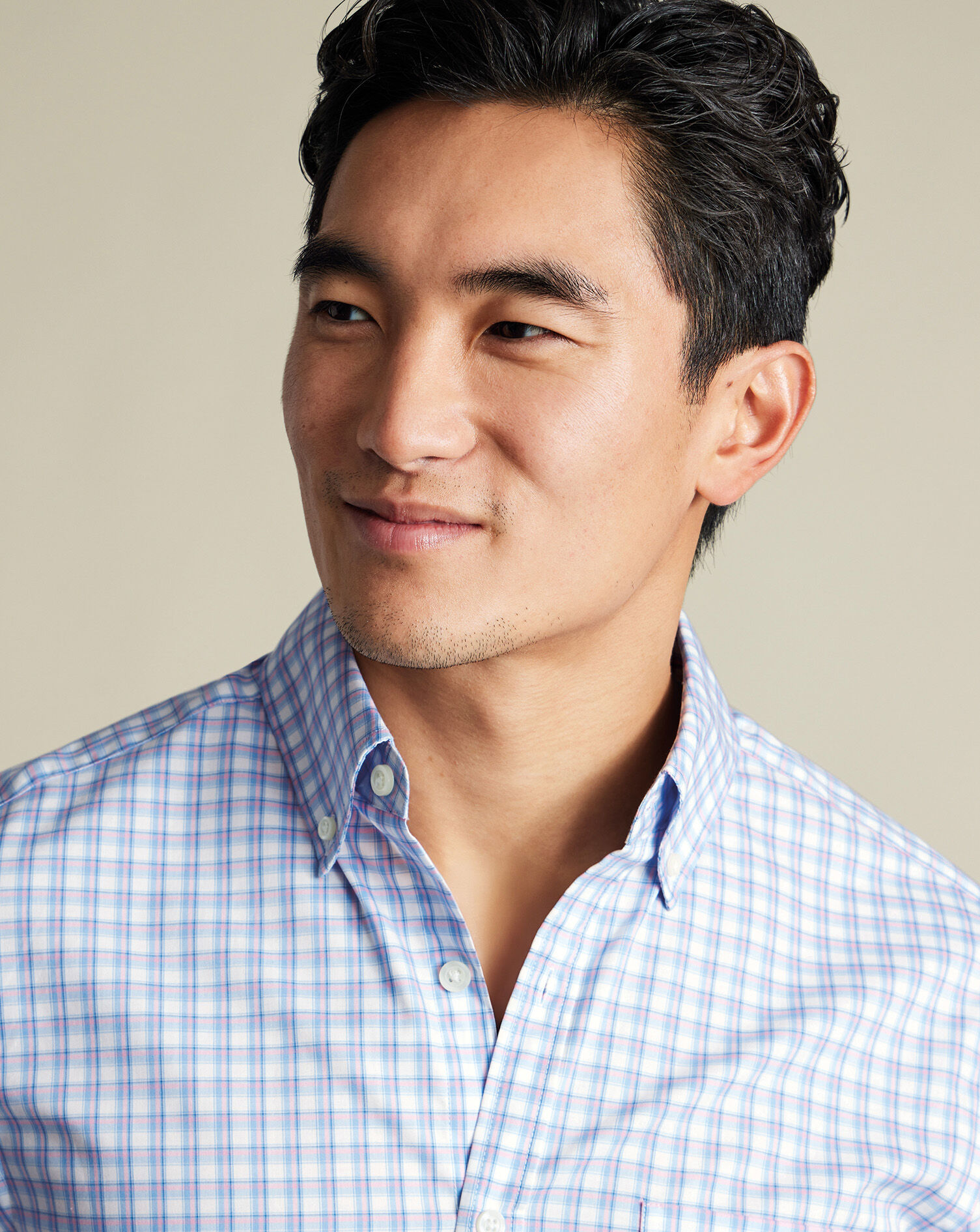 Non-Iron Stretch Poplin Check Shirt - Ocean Blue & Pink