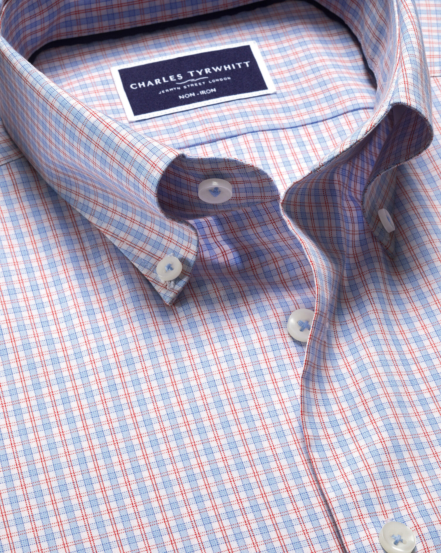 Button-Down Collar Non-Iron Grid Check Oxford Shirt - Red