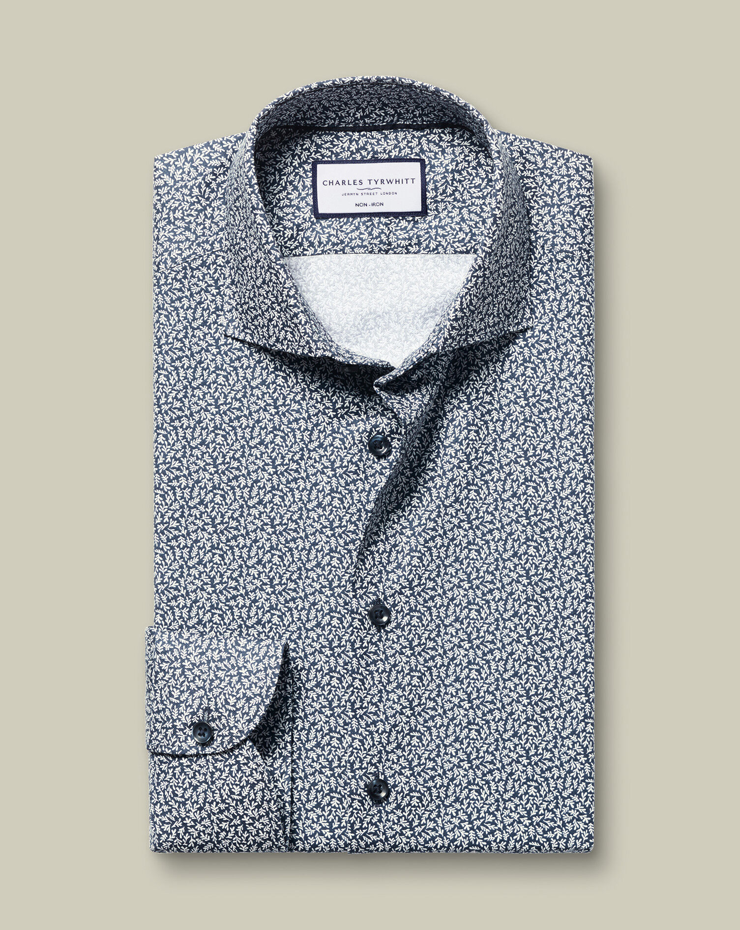 Non-Iron Stretch Leaf Print Shirt - Ink Blue