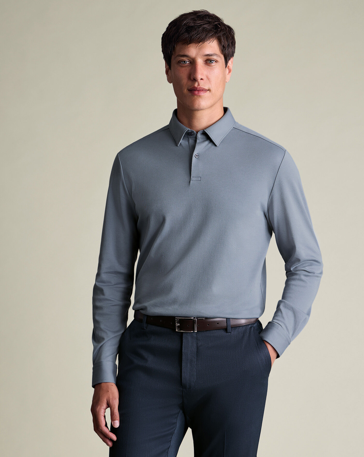 Long Sleeve Jersey Polo - Steel Blue