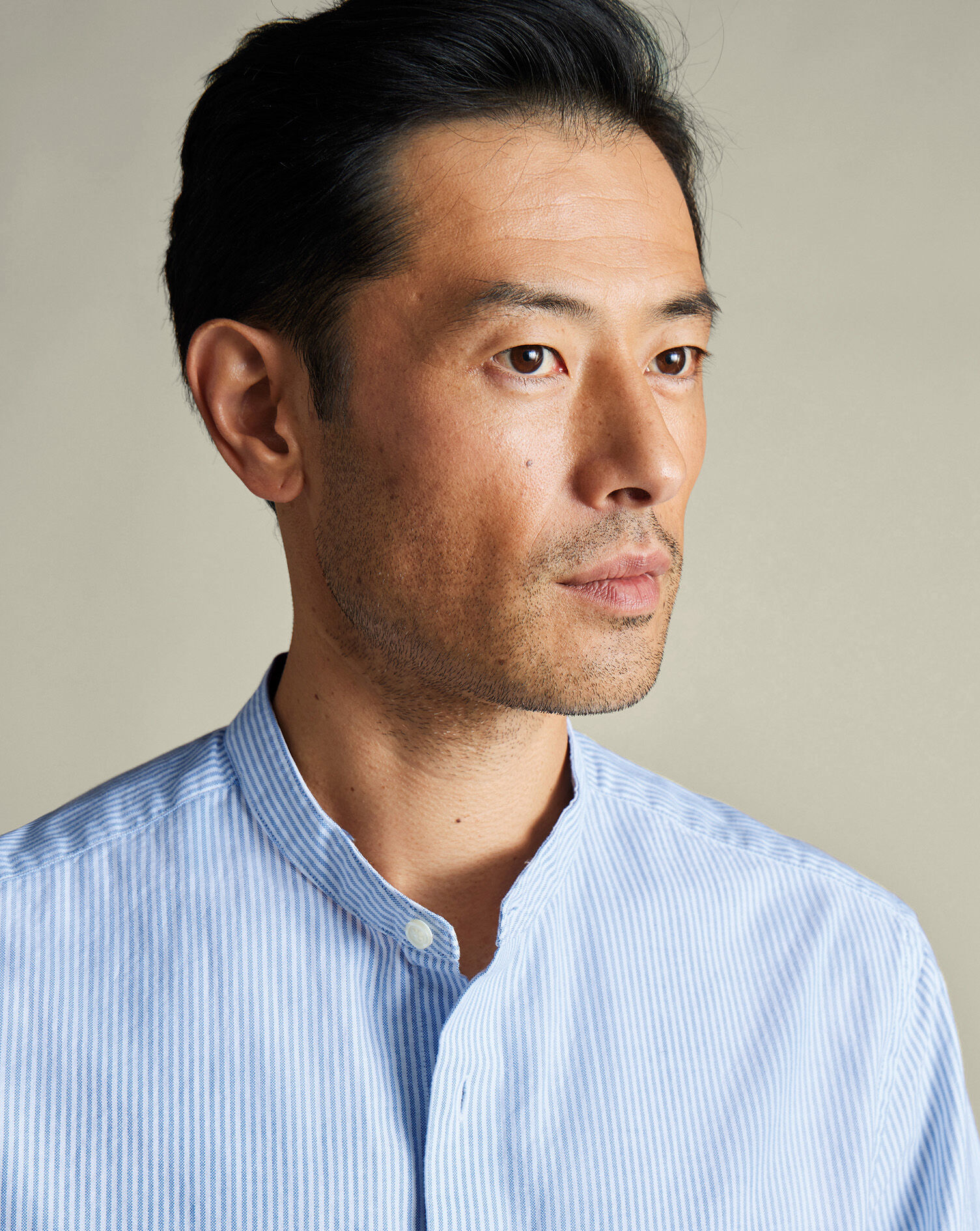 Collarless Stretch Washed Oxford Stripe Shirt - Ocean Blue
