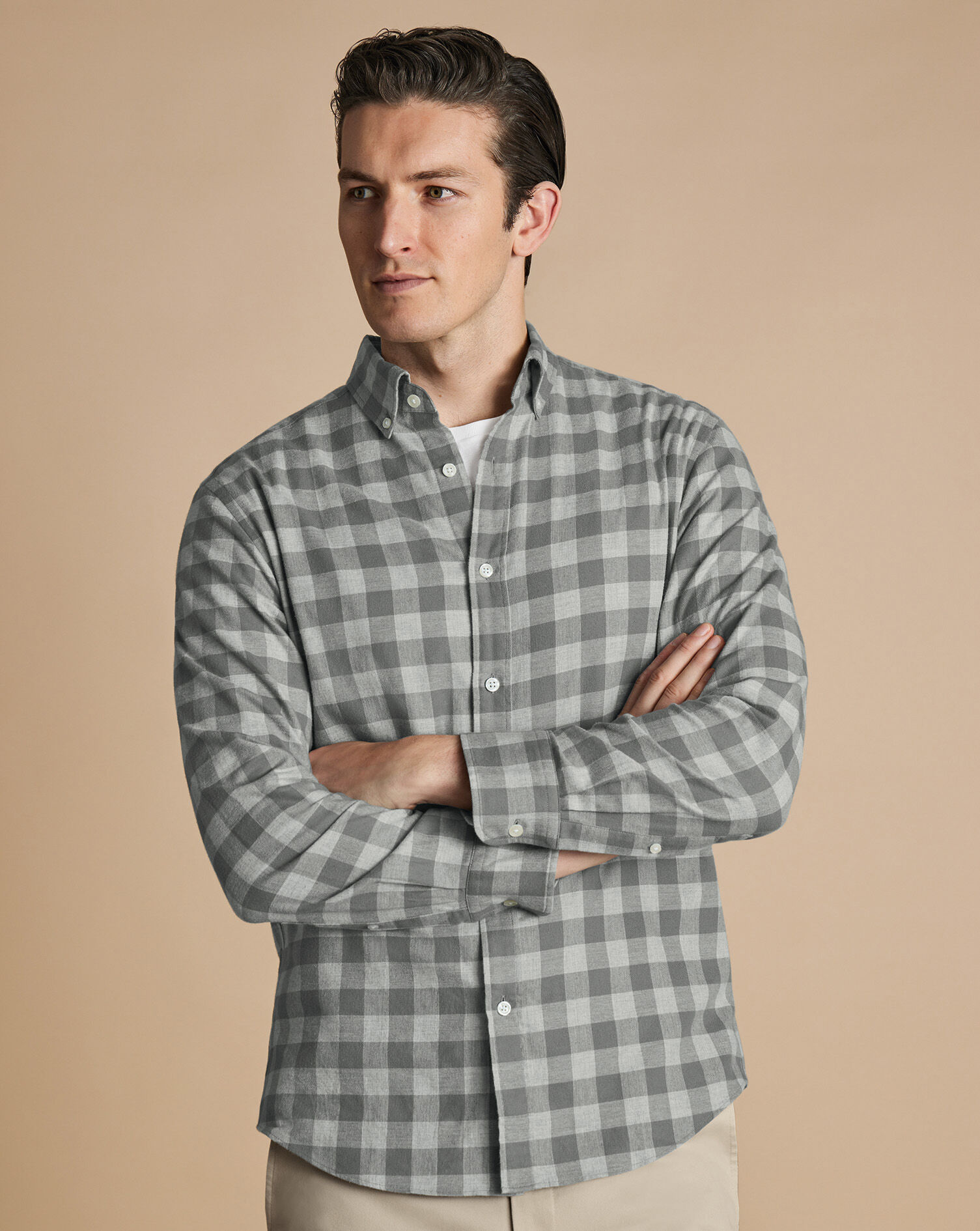 Button-Down Collar Brushed Flannel Gingham Shirt - Light Gray